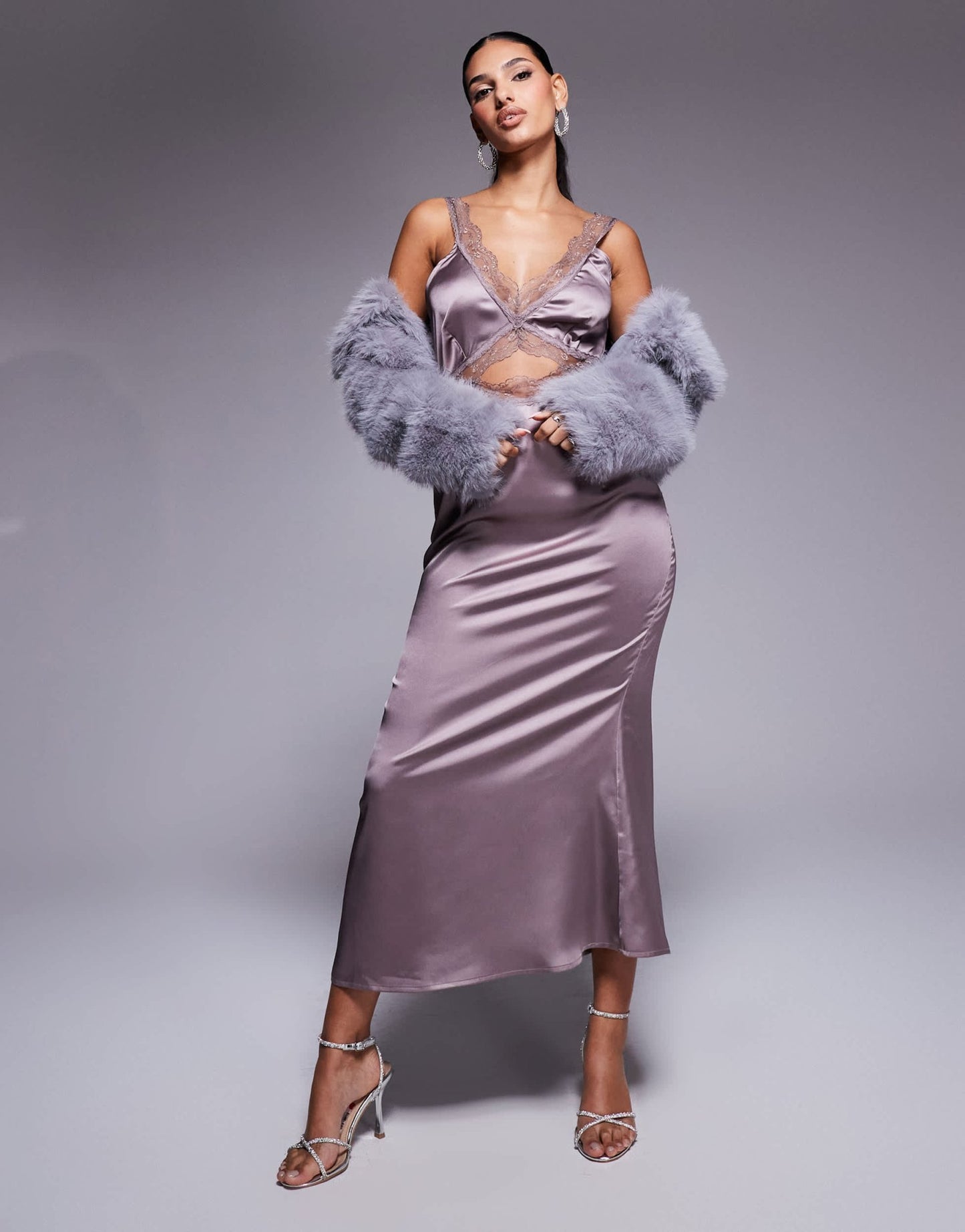 Never Fully Dressed Mimi lace cut - out slip maxi dress in mink - ASOS Sample Sale