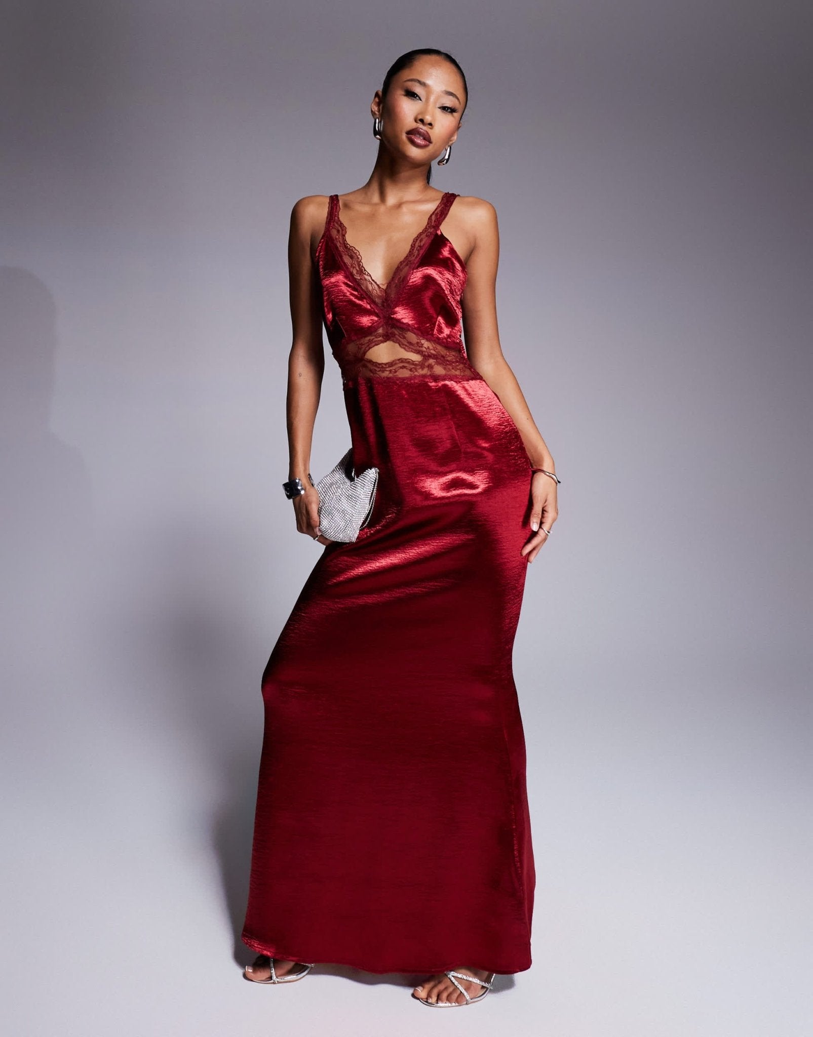 Never Fully Dressed Mimi lace cut - out slip midaxi dress in oxblood - ASOS Sample Sale