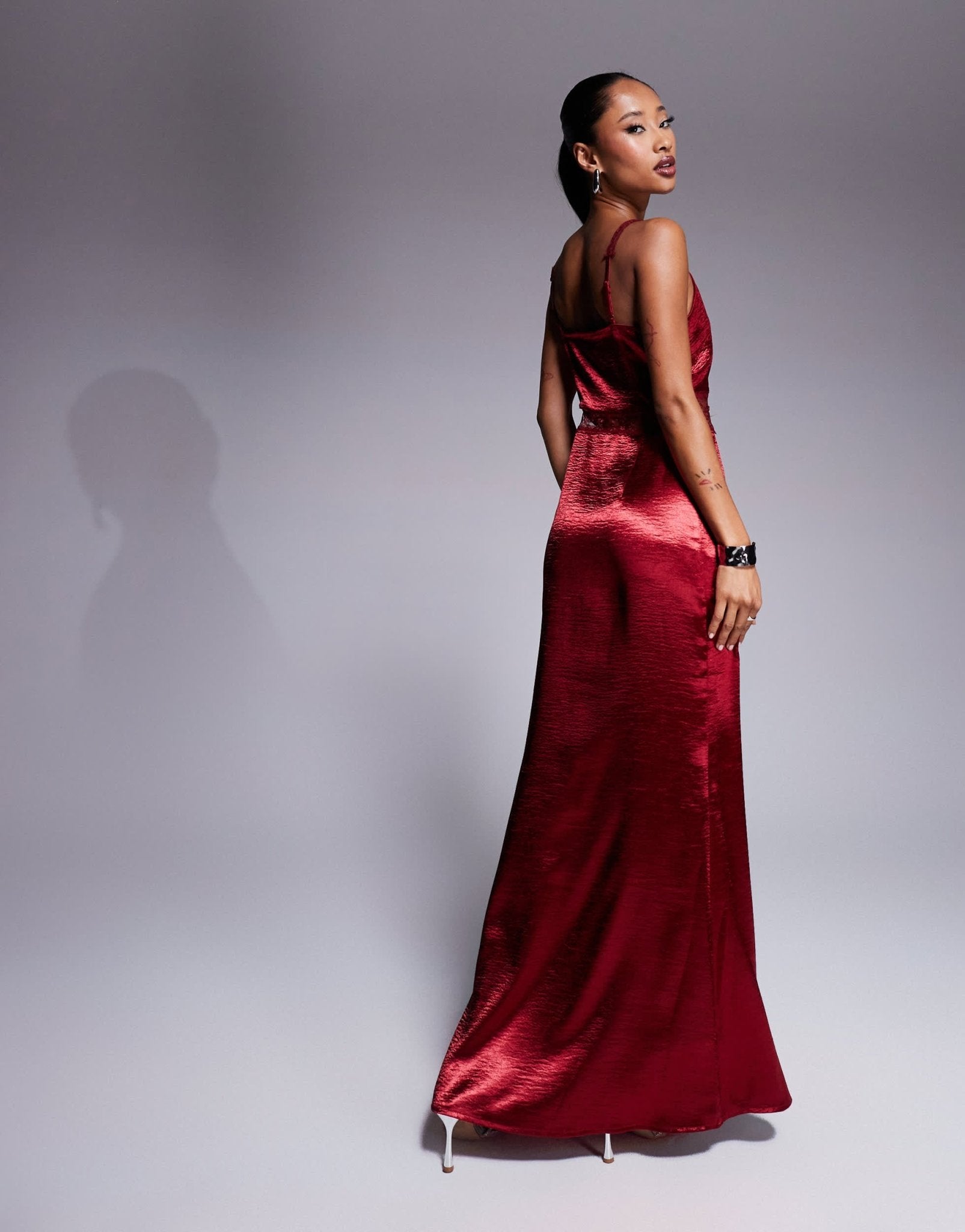 Never Fully Dressed Mimi lace cut - out slip midaxi dress in oxblood - ASOS Sample Sale