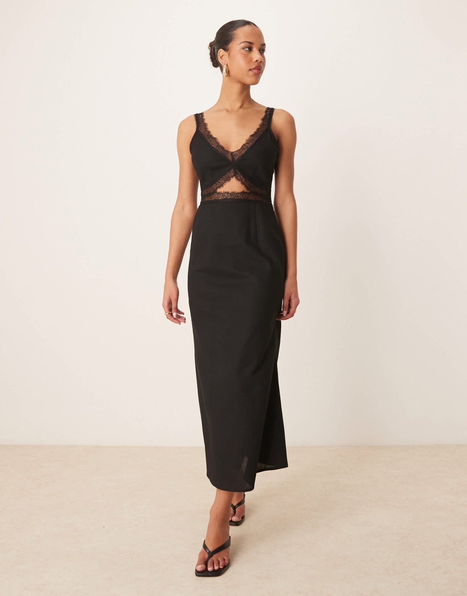 Never Fully Dressed Mimi linen cut-out midaxi dress in black - ASOS Sample Sale