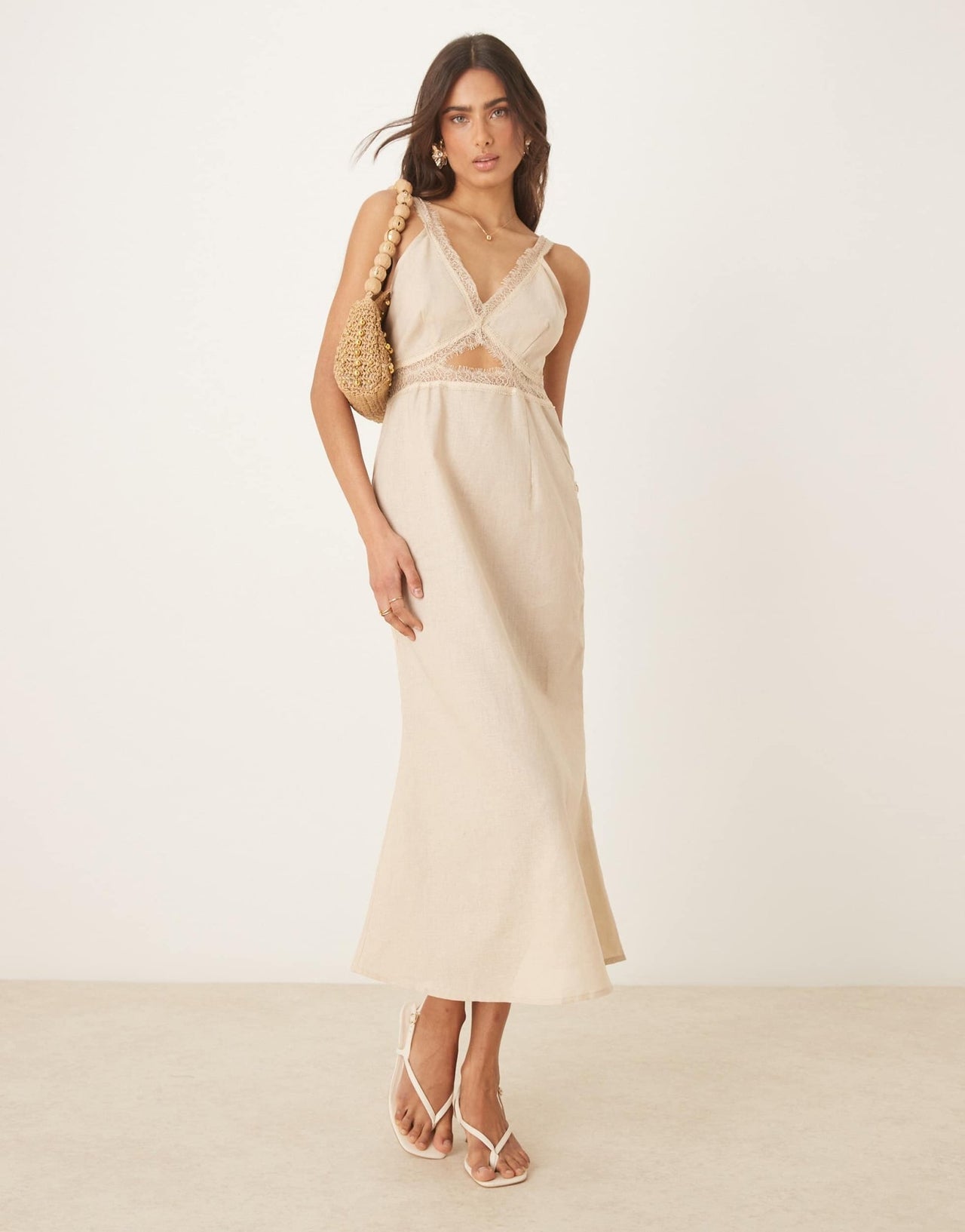 Never Fully Dressed Mimi linen cut-out midaxi dress in oatmeal - ASOS Sample Sale