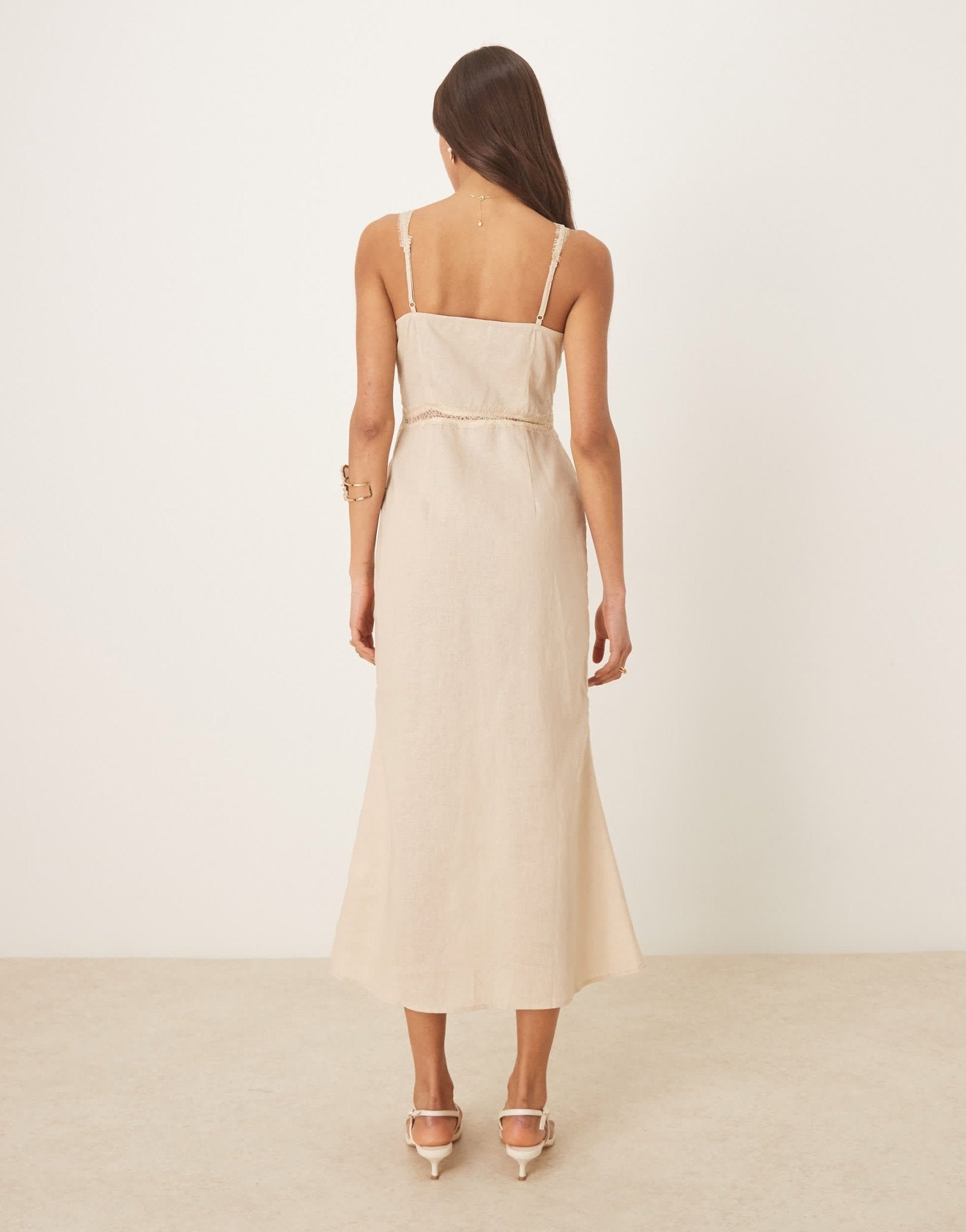 Never Fully Dressed Mimi linen cut-out midaxi dress in oatmeal - ASOS Sample Sale