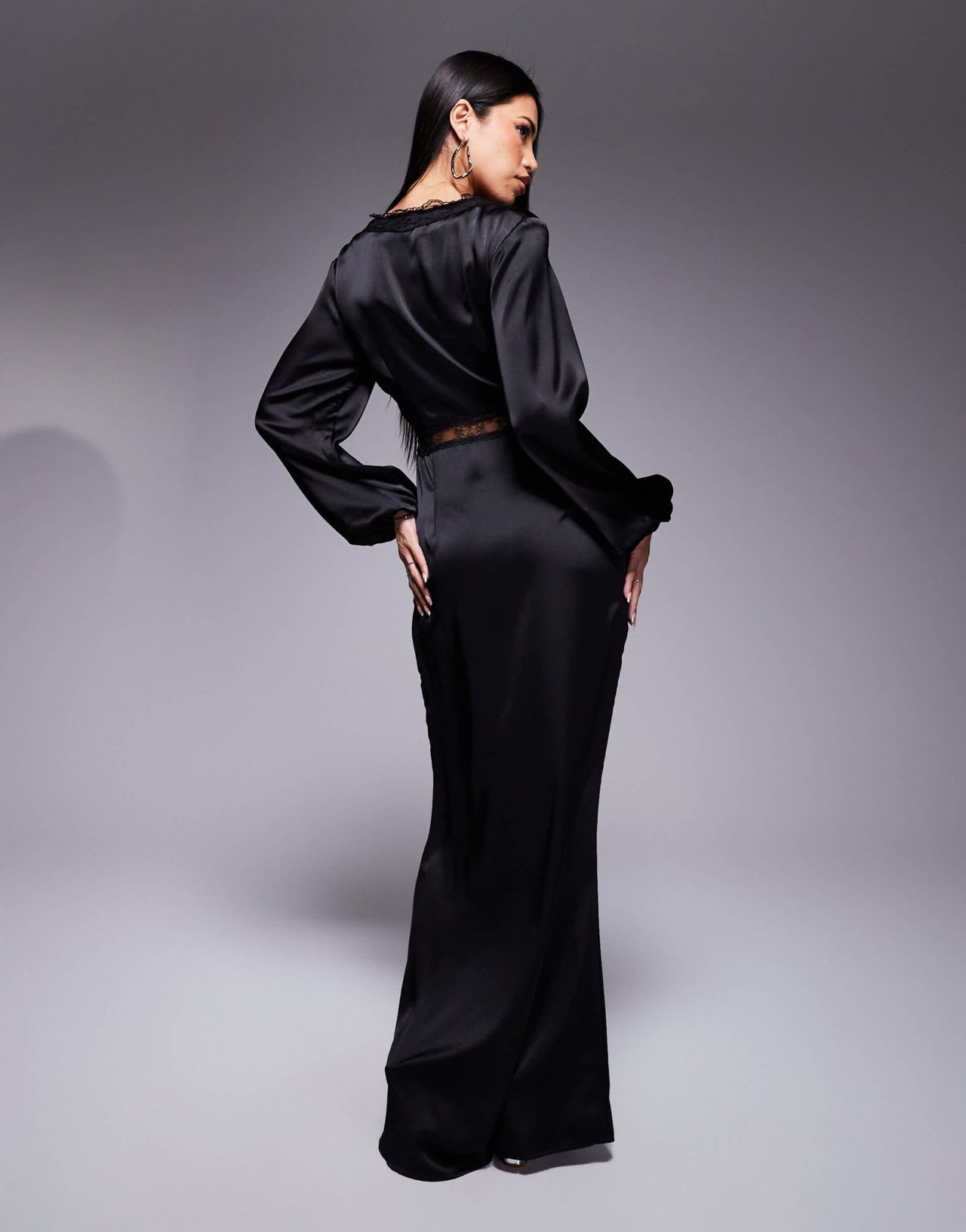 Never Fully Dressed Mimi long sleeve lace cut-out slip maxi dress in black - ASOS Sample Sale