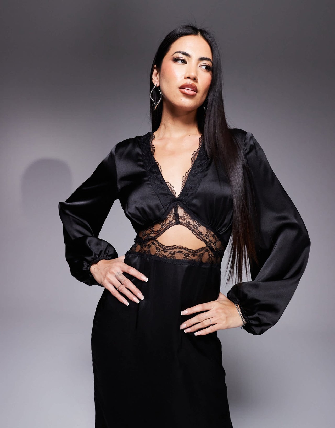 Never Fully Dressed Mimi long sleeve lace cut-out slip maxi dress in black - ASOS Sample Sale