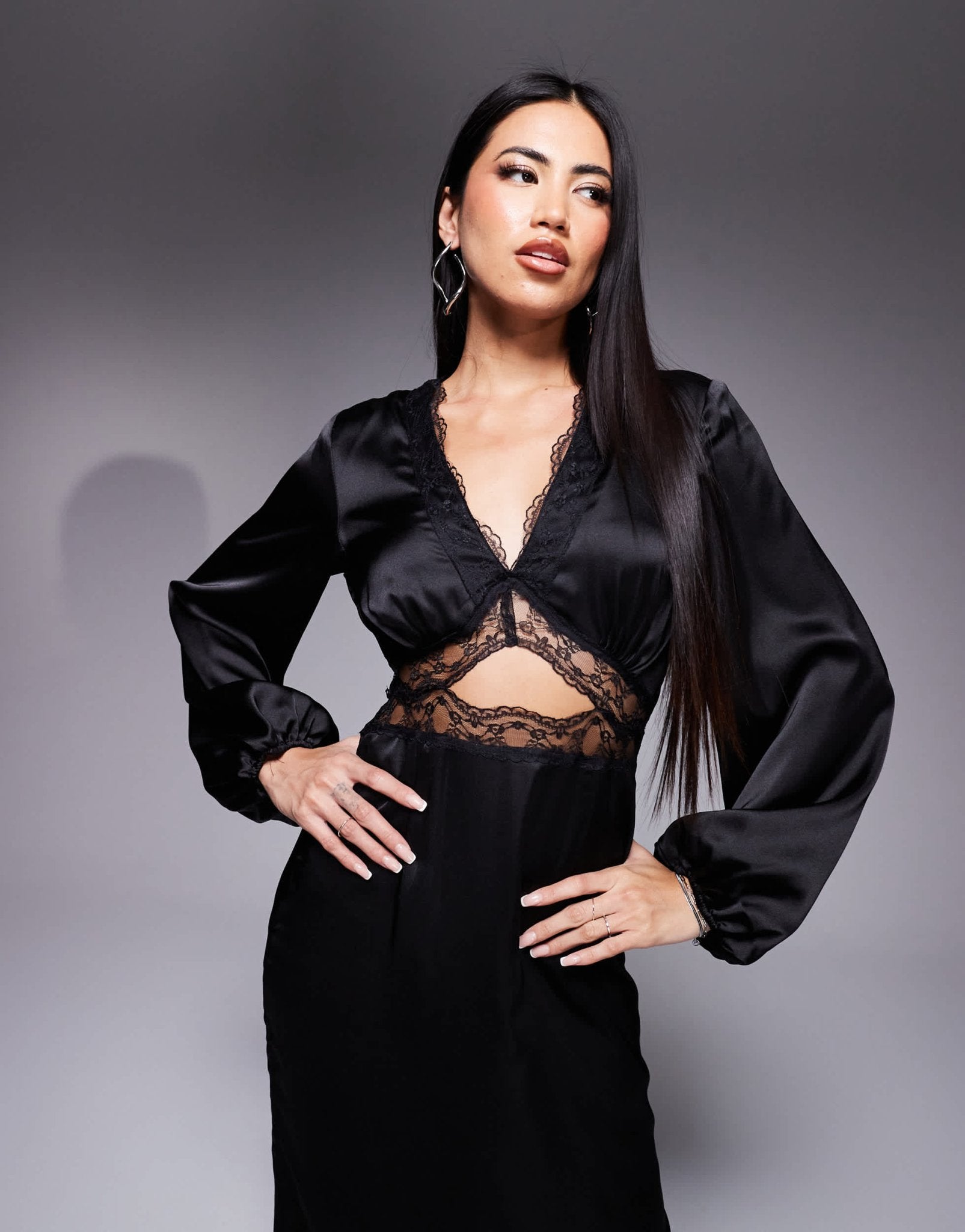 Never Fully Dressed Mimi long sleeve lace cut-out slip maxi dress in black - ASOS Sample Sale