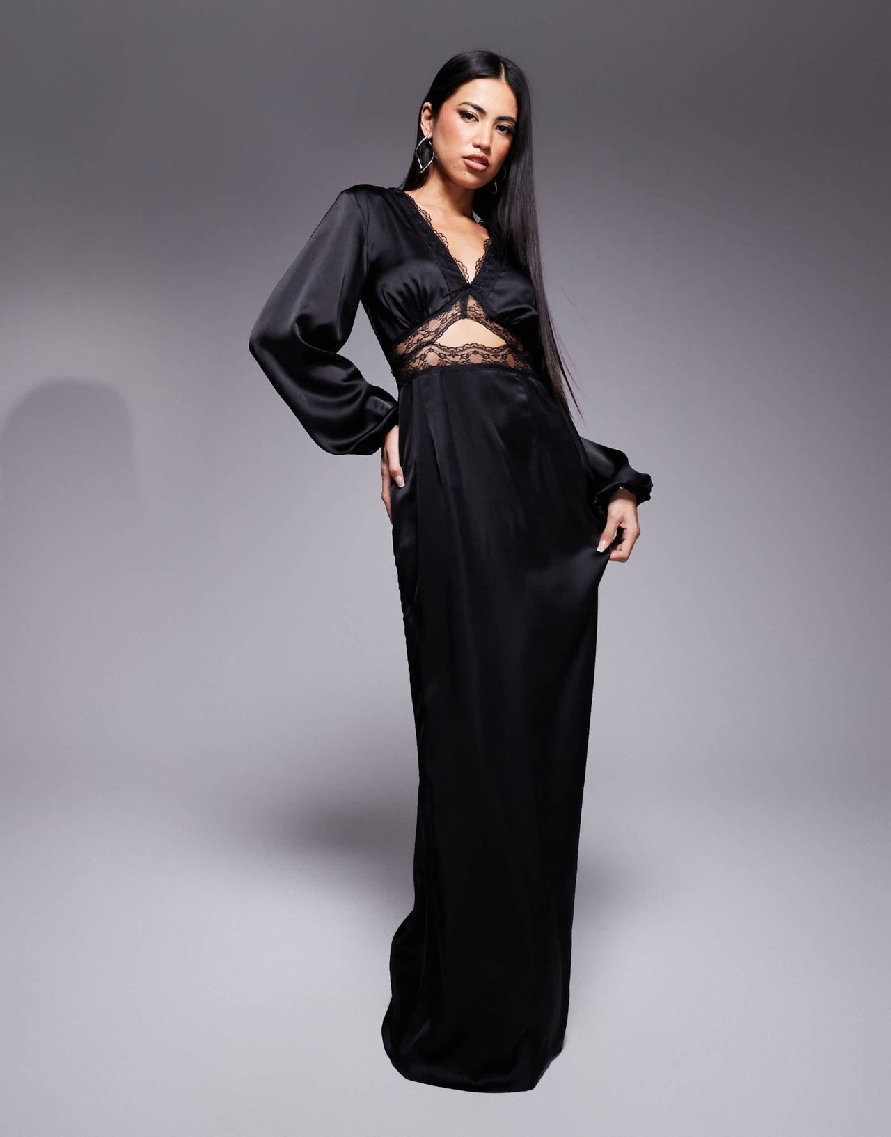 Never Fully Dressed Mimi long sleeve lace cut-out slip maxi dress in black - ASOS Sample Sale