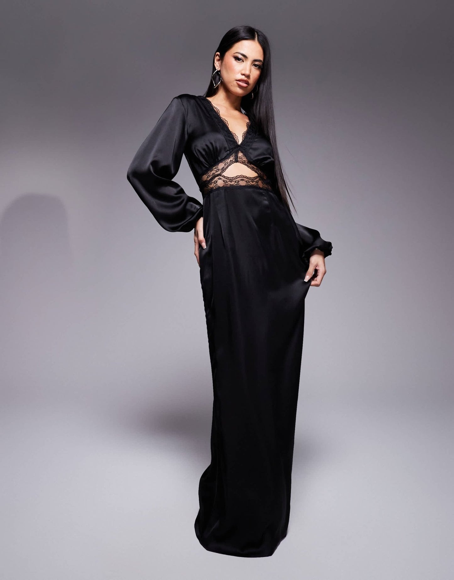 Never Fully Dressed Mimi long sleeve lace cut-out slip maxi dress in black - ASOS Sample Sale