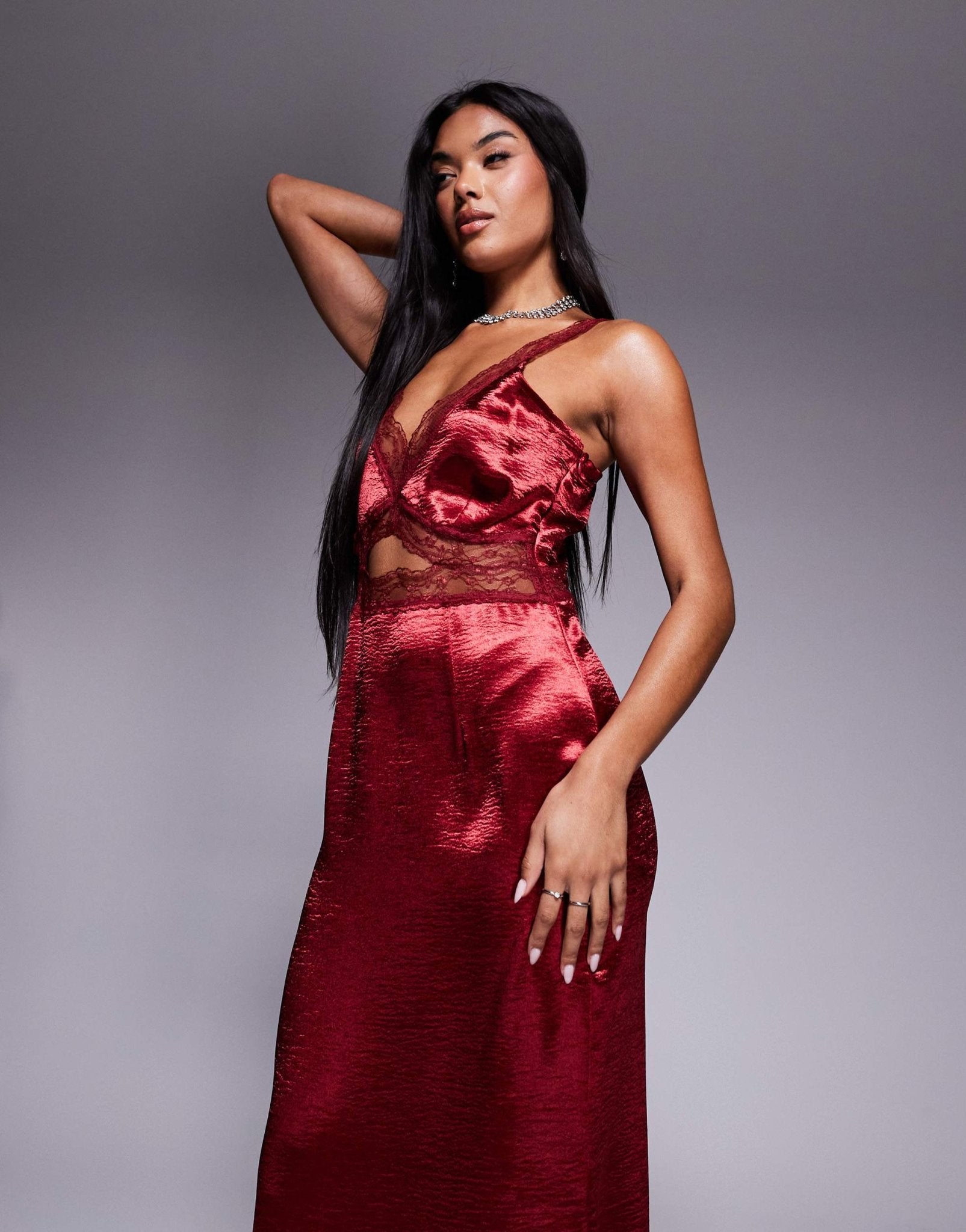 Never Fully Dressed Mimi satin midaxi dress in burgundy – ASOS Sample Sale