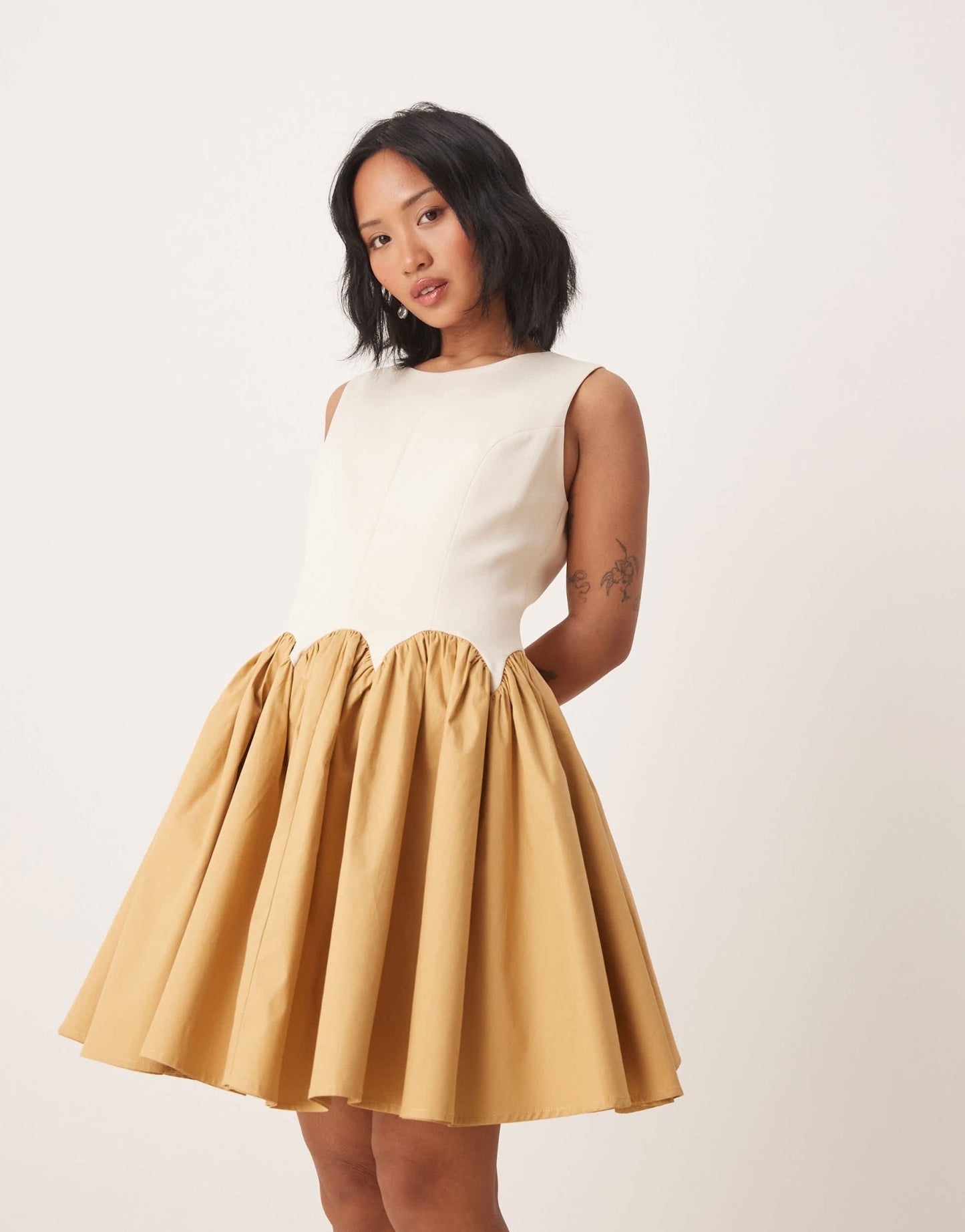 Never Fully Dressed Petite contrast drop hem mini dress in camel - ASOS Sample Sale