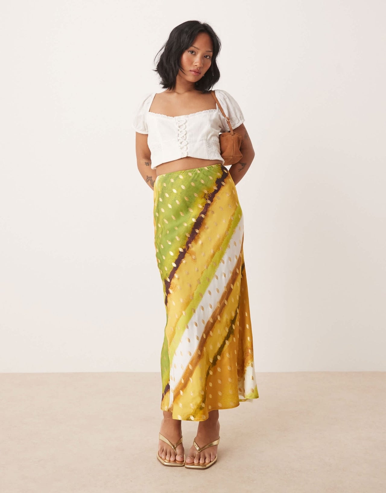 Never Fully Dressed Petite Dorris satin gold fleck maxi skirt in green print - ASOS Sample Sale
