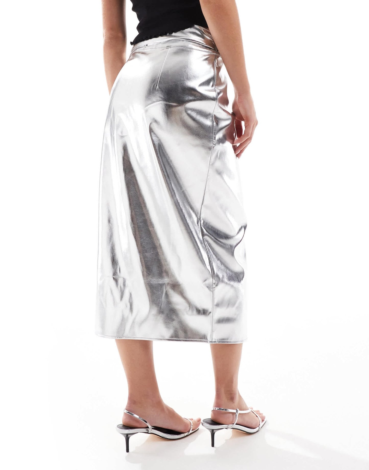 Never Fully Dressed Petite Jaspre PU midi skirt in silver - ASOS Sample Sale