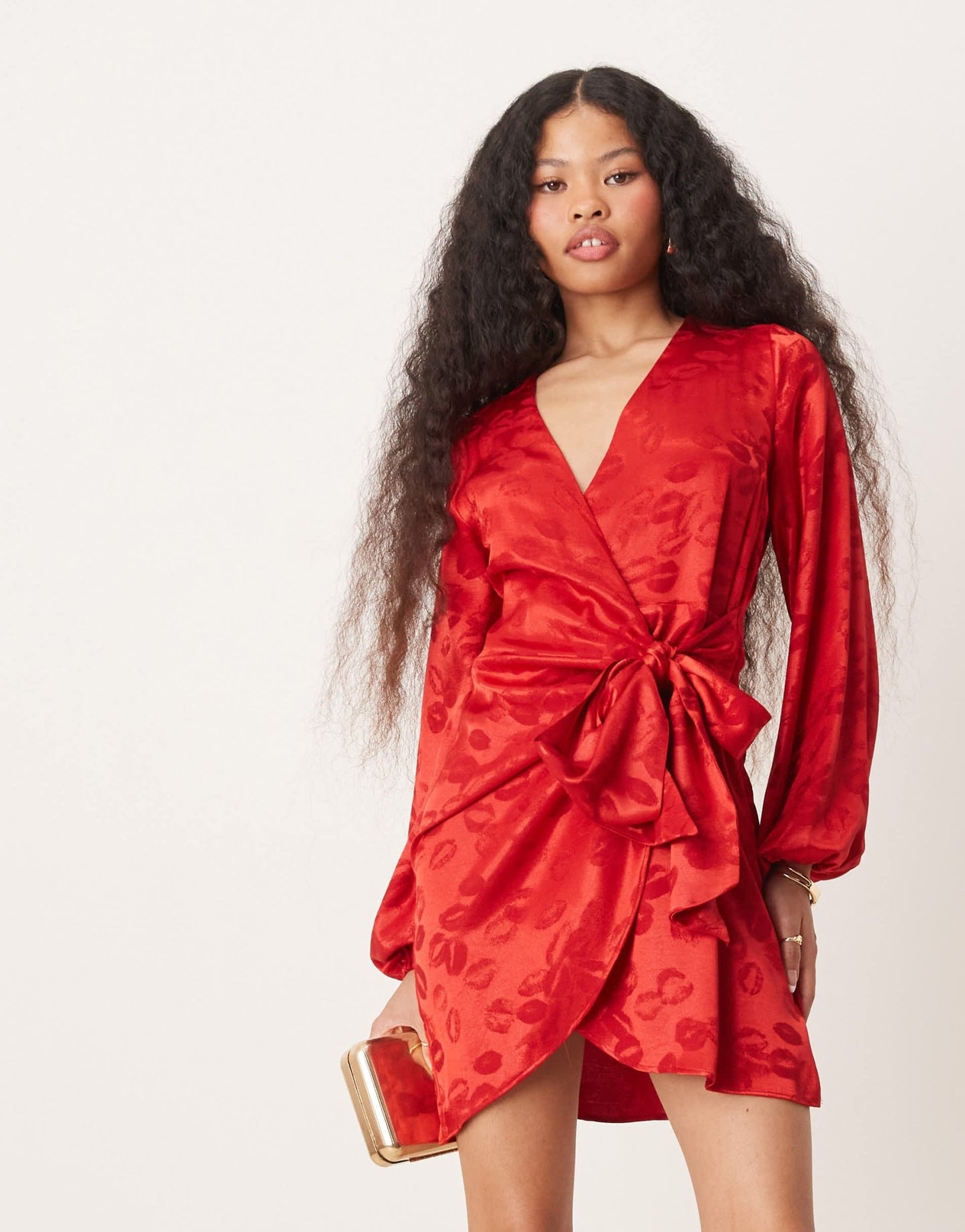 Never Fully Dressed Petite lip embossed satin wrap mini dress in red - ASOS Sample Sale