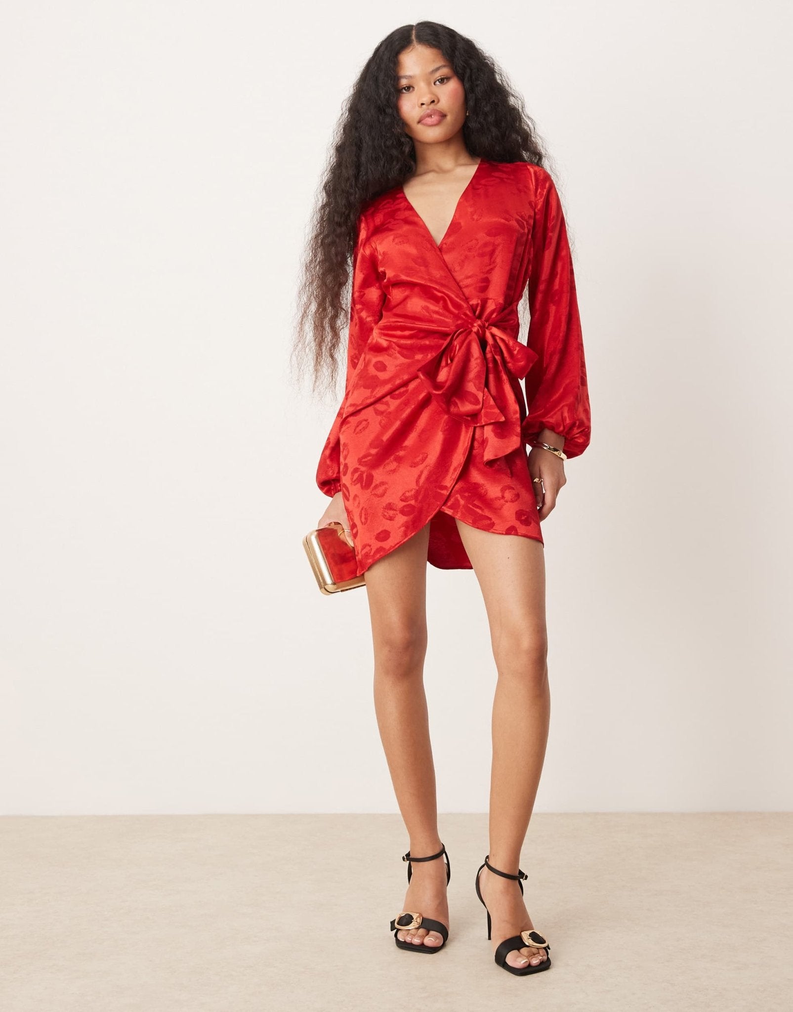 Never Fully Dressed Petite lip embossed satin wrap mini dress in red - ASOS Sample Sale