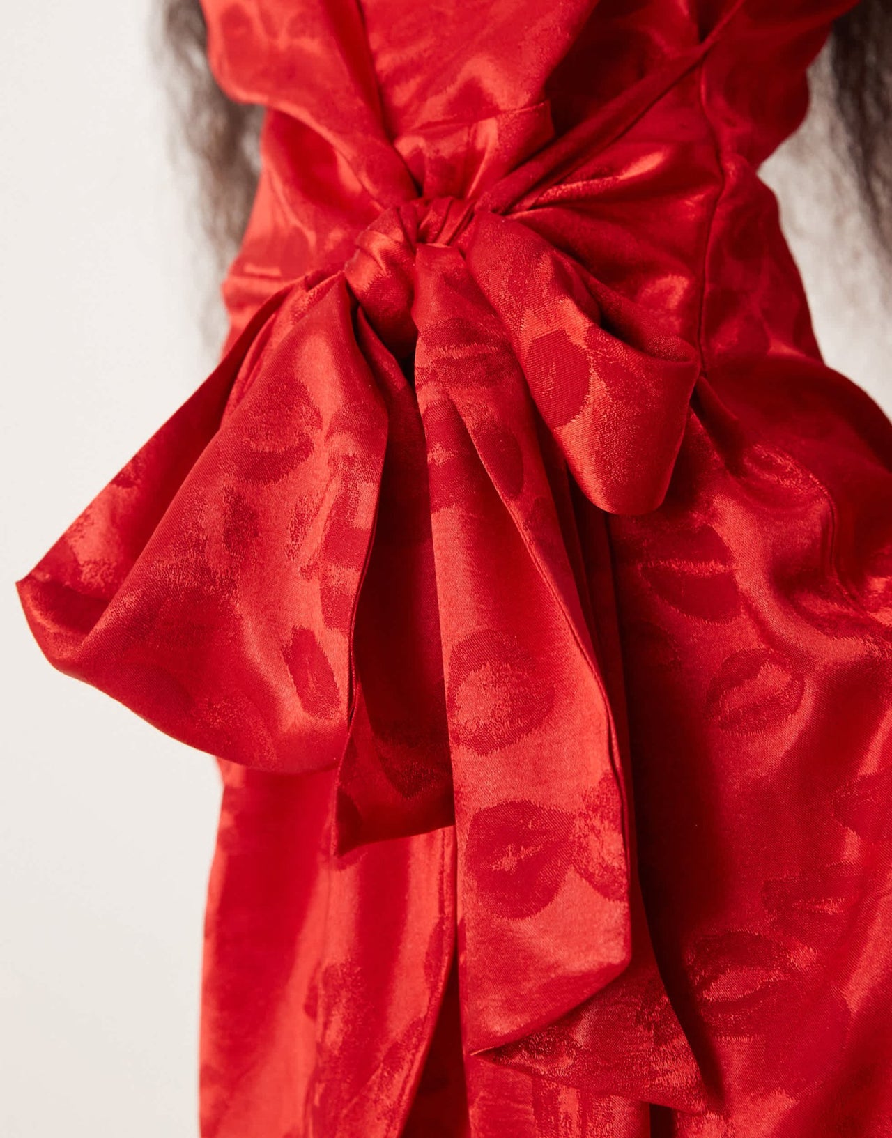Never Fully Dressed Petite lip embossed satin wrap mini dress in red - ASOS Sample Sale