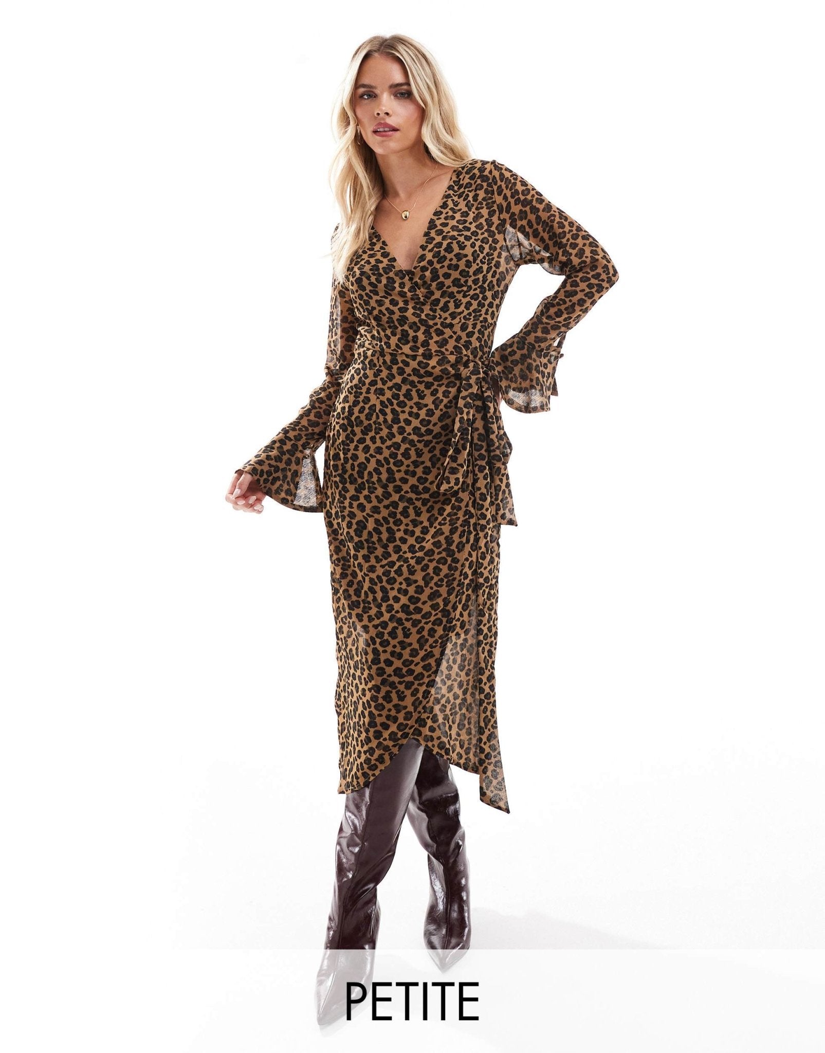 Never Fully Dressed Petite Lucia sheer wrap midaxi dress in leopard - ASOS Sample Sale