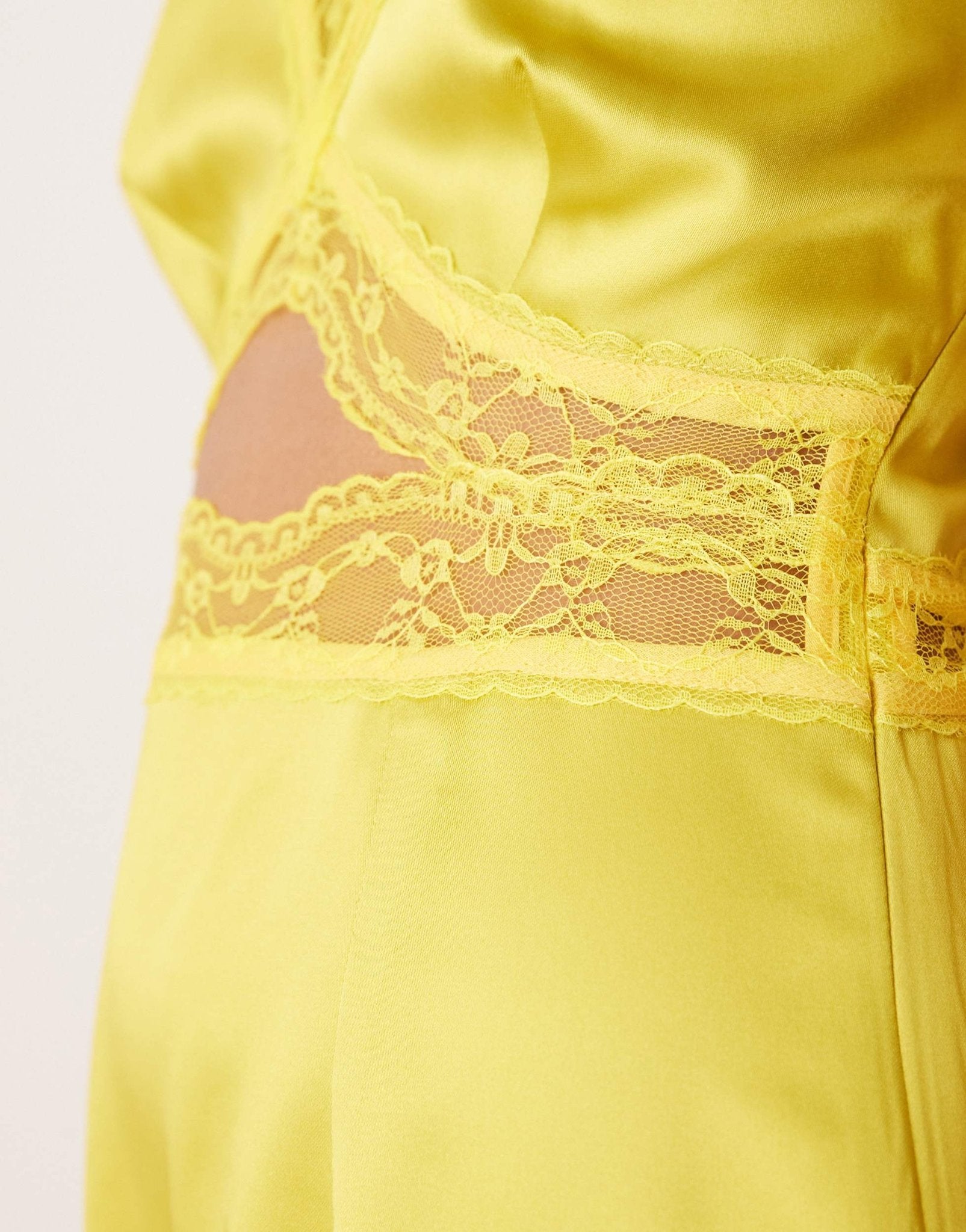 Never Fully Dressed Petite Mimi lace cut-out satin midaxi dress in olive - ASOS Sample Sale