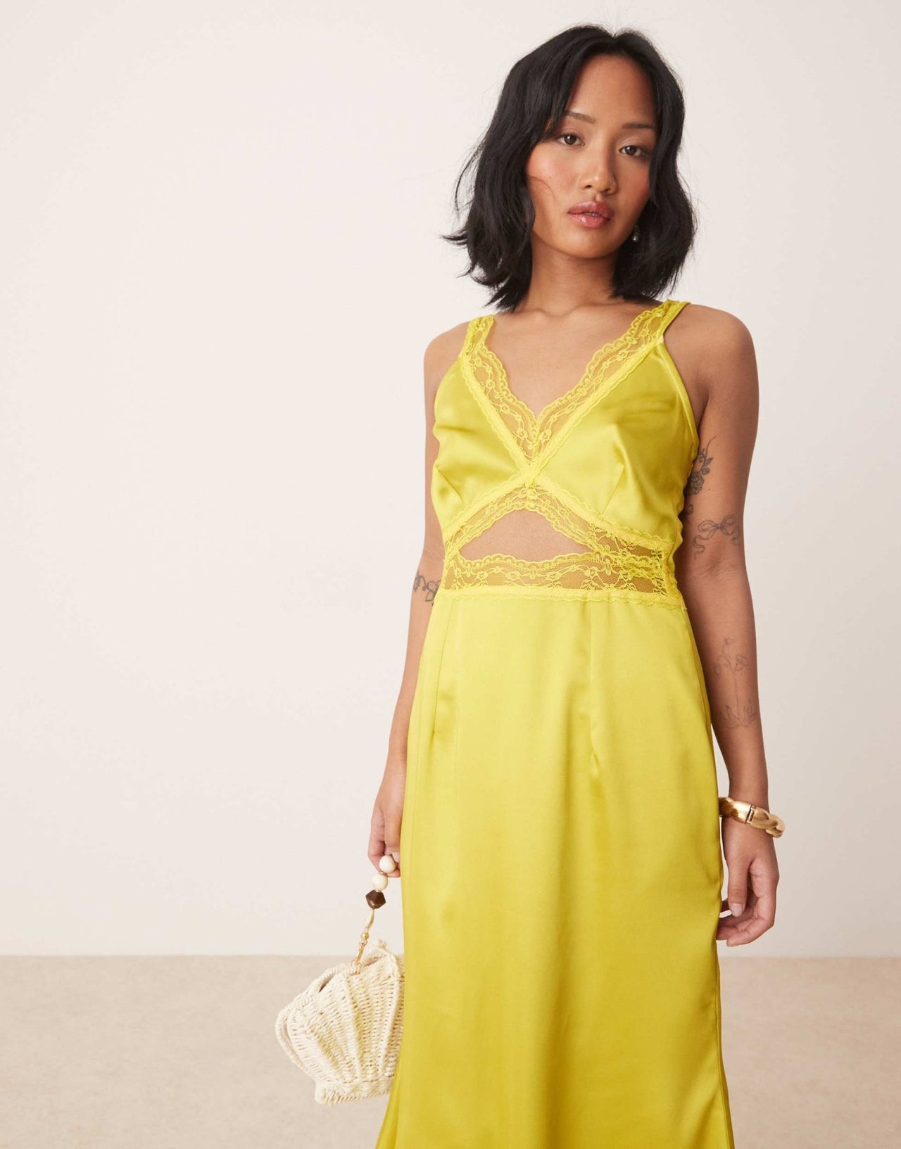 Never Fully Dressed Petite Mimi lace cut-out satin midaxi dress in olive - ASOS Sample Sale