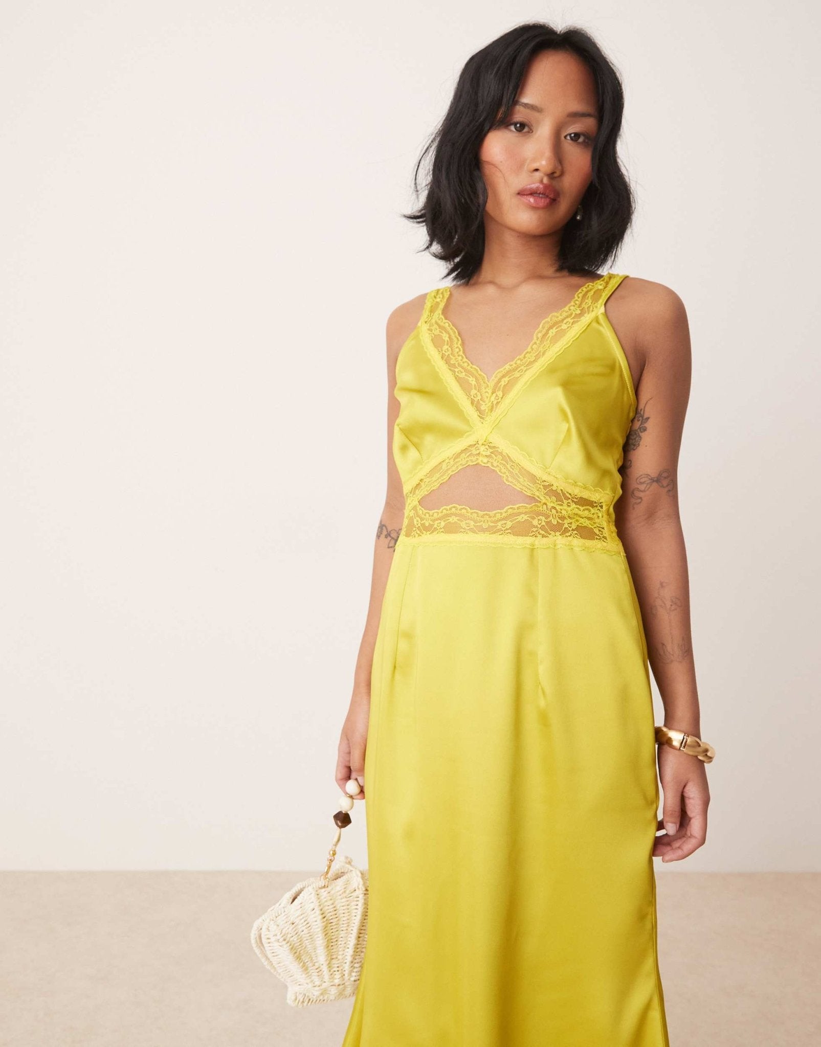 Never Fully Dressed Petite Mimi lace cut-out satin midaxi dress in olive - ASOS Sample Sale