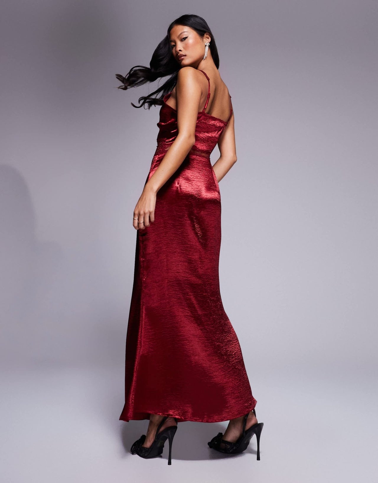 Never Fully Dressed Petite Mimi lace cut - out slip midaxi dress in oxblood - ASOS Sample Sale