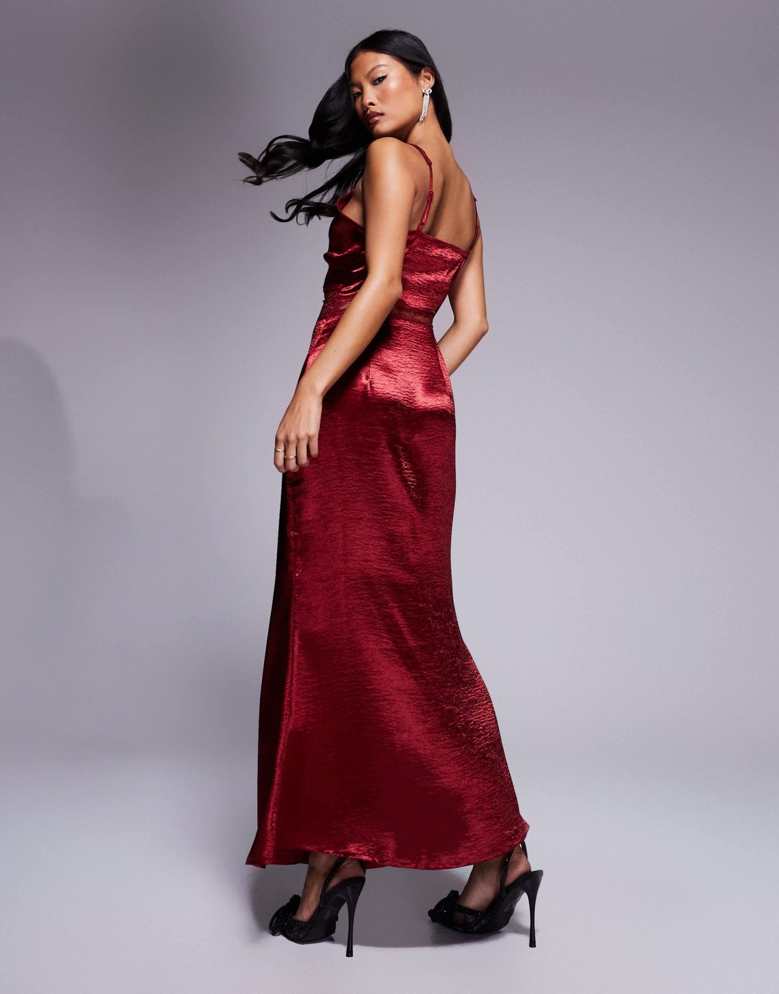 Never Fully Dressed Petite Mimi lace cut - out slip midaxi dress in oxblood - ASOS Sample Sale