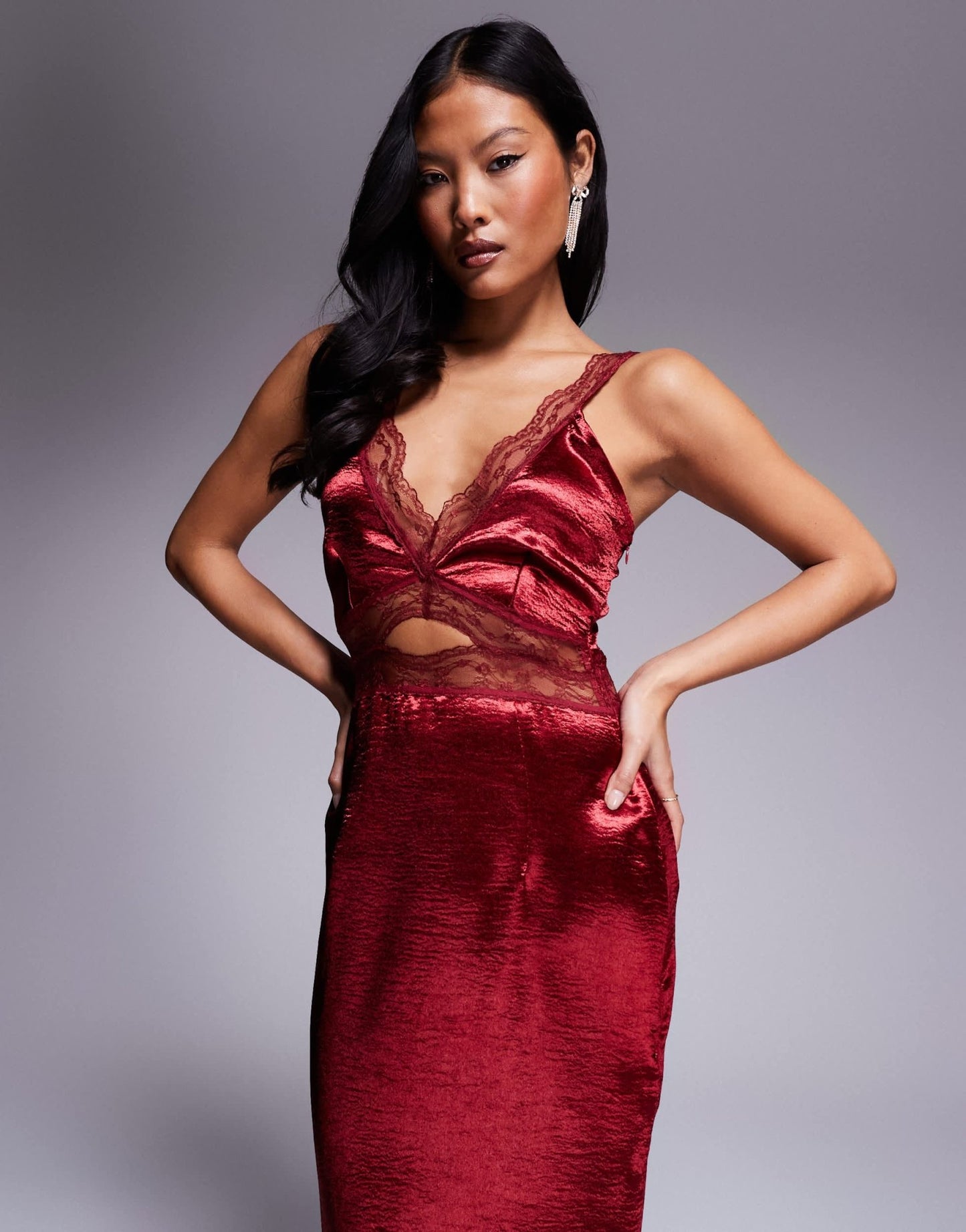 Never Fully Dressed Petite Mimi lace cut - out slip midaxi dress in oxblood - ASOS Sample Sale
