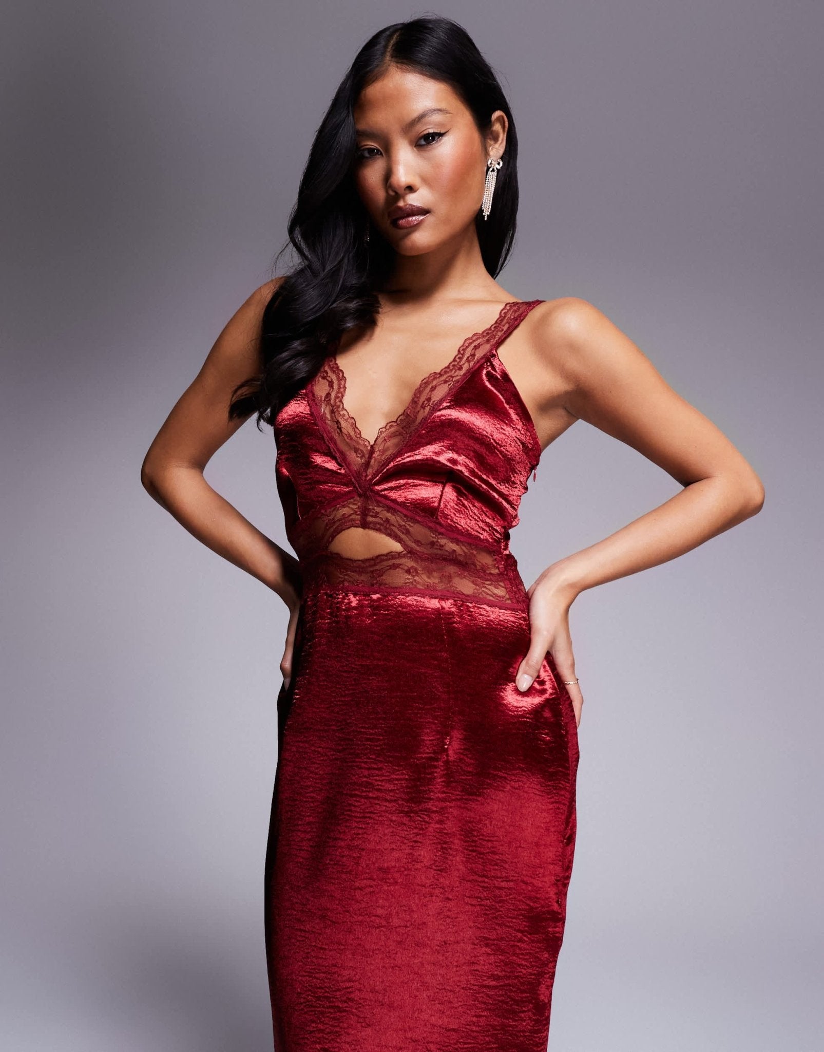 Never Fully Dressed Petite Mimi lace cut - out slip midaxi dress in oxblood - ASOS Sample Sale