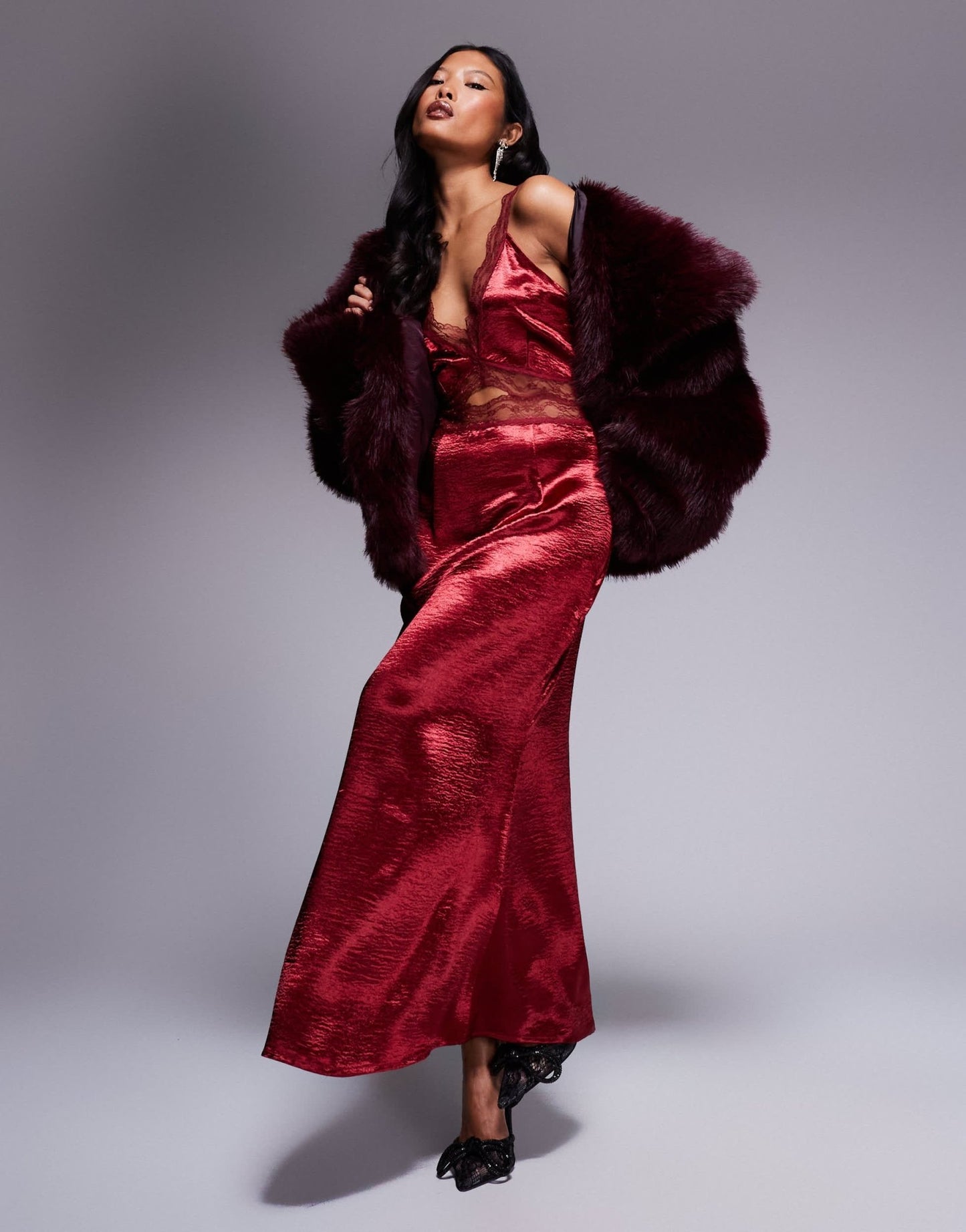 Never Fully Dressed Petite Mimi lace cut - out slip midaxi dress in oxblood - ASOS Sample Sale