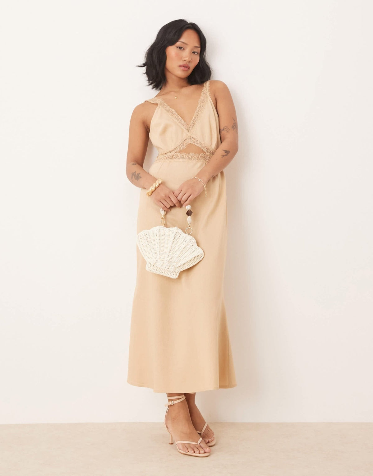 Never Fully Dressed Petite Mimi linen cut-out midaxi dress in oatmeal - ASOS Sample Sale
