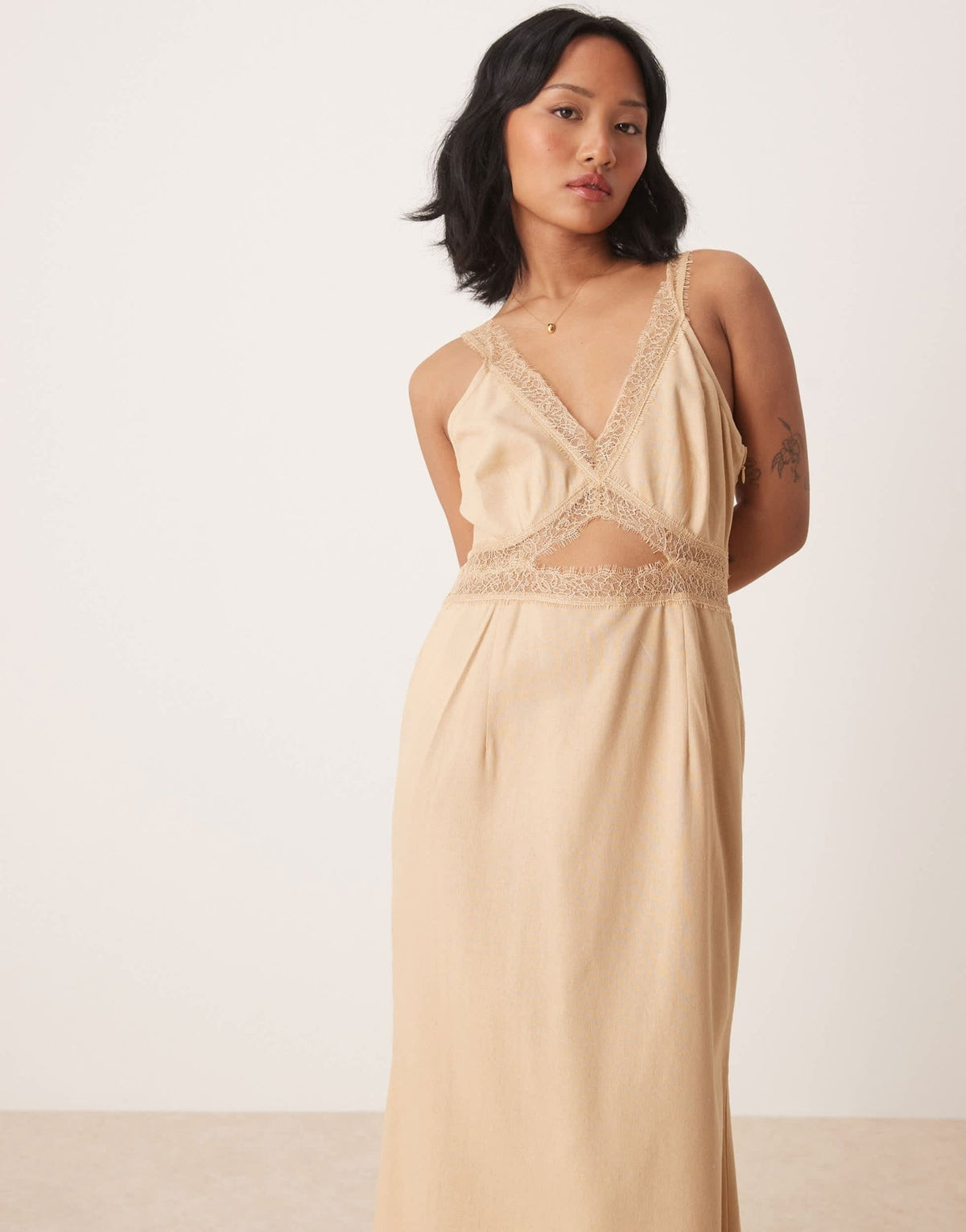 Never Fully Dressed Petite Mimi linen cut-out midaxi dress in oatmeal - ASOS Sample Sale