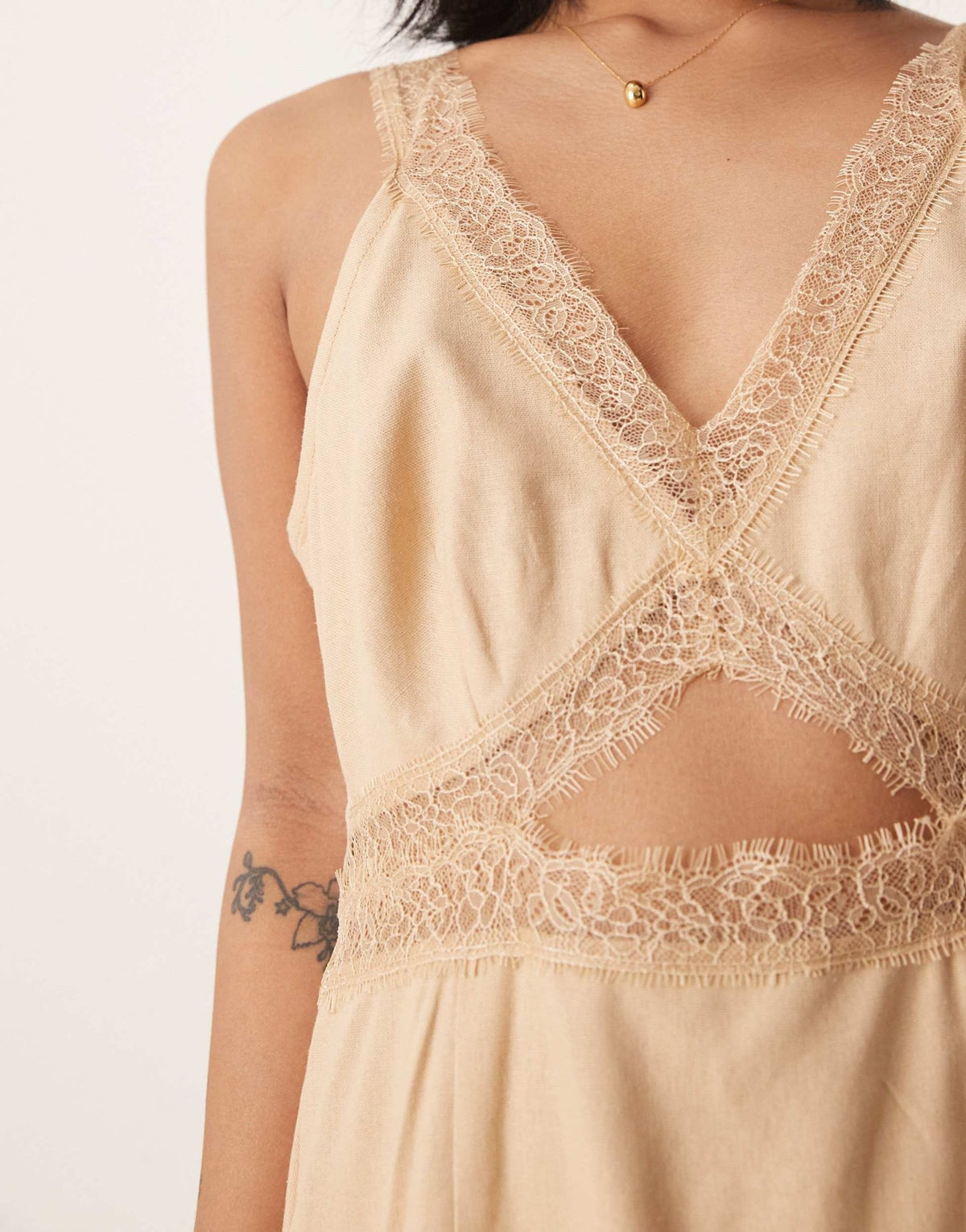 Never Fully Dressed Petite Mimi linen cut-out midaxi dress in oatmeal - ASOS Sample Sale