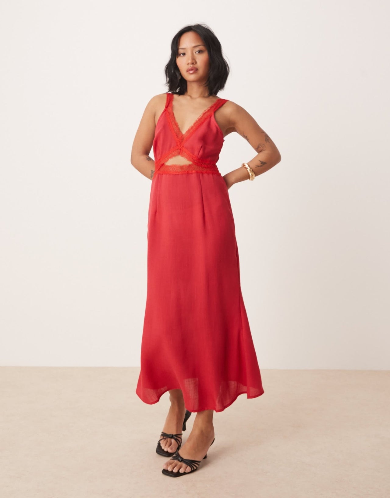 Never Fully Dressed Petite Mimi linen cut - out midaxi dress in red - ASOS Sample Sale
