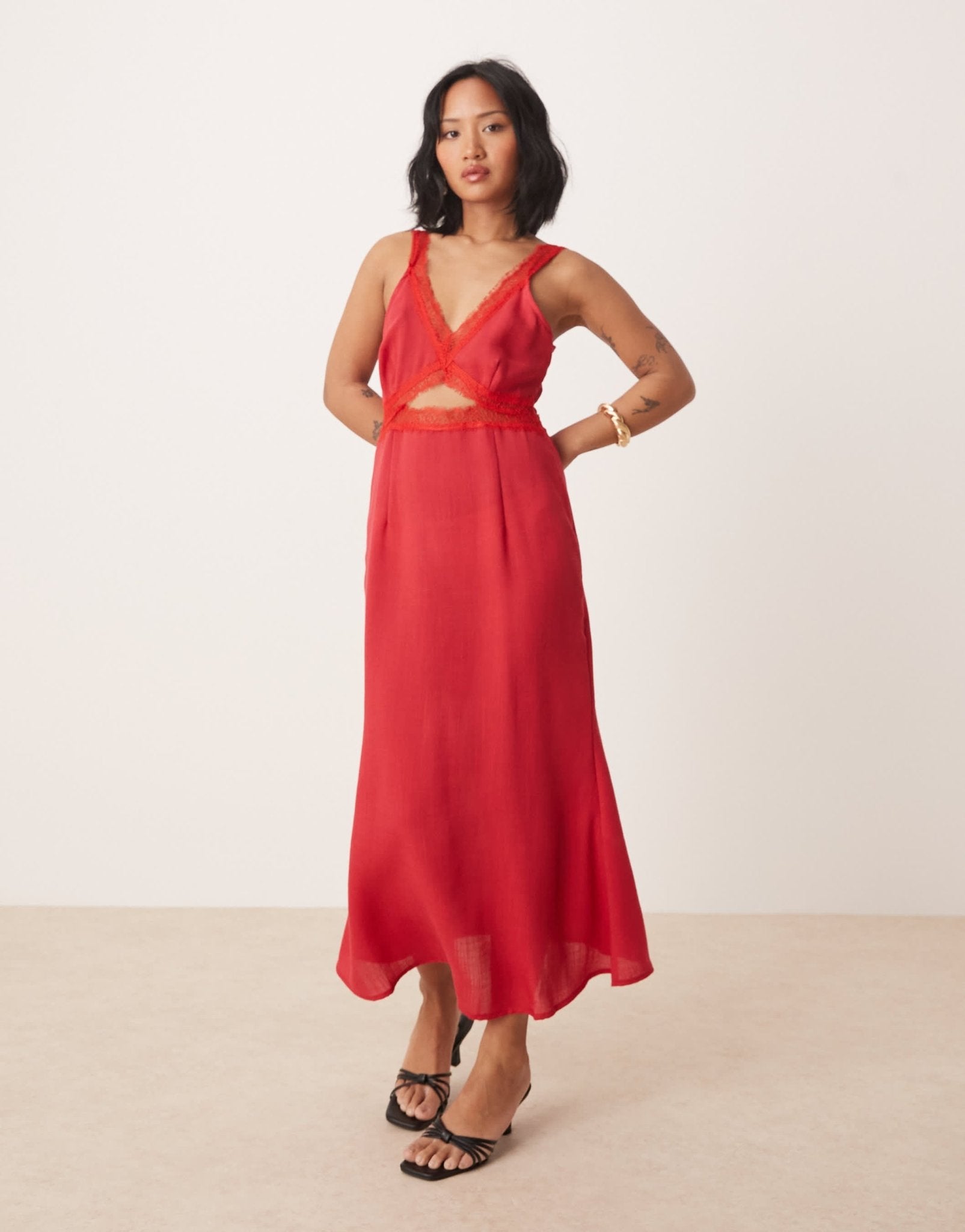Never Fully Dressed Petite Mimi linen cut - out midaxi dress in red - ASOS Sample Sale
