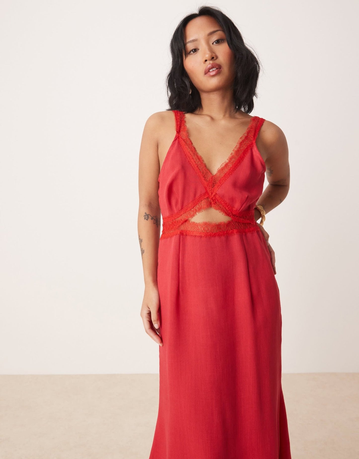 Never Fully Dressed Petite Mimi linen cut - out midaxi dress in red - ASOS Sample Sale
