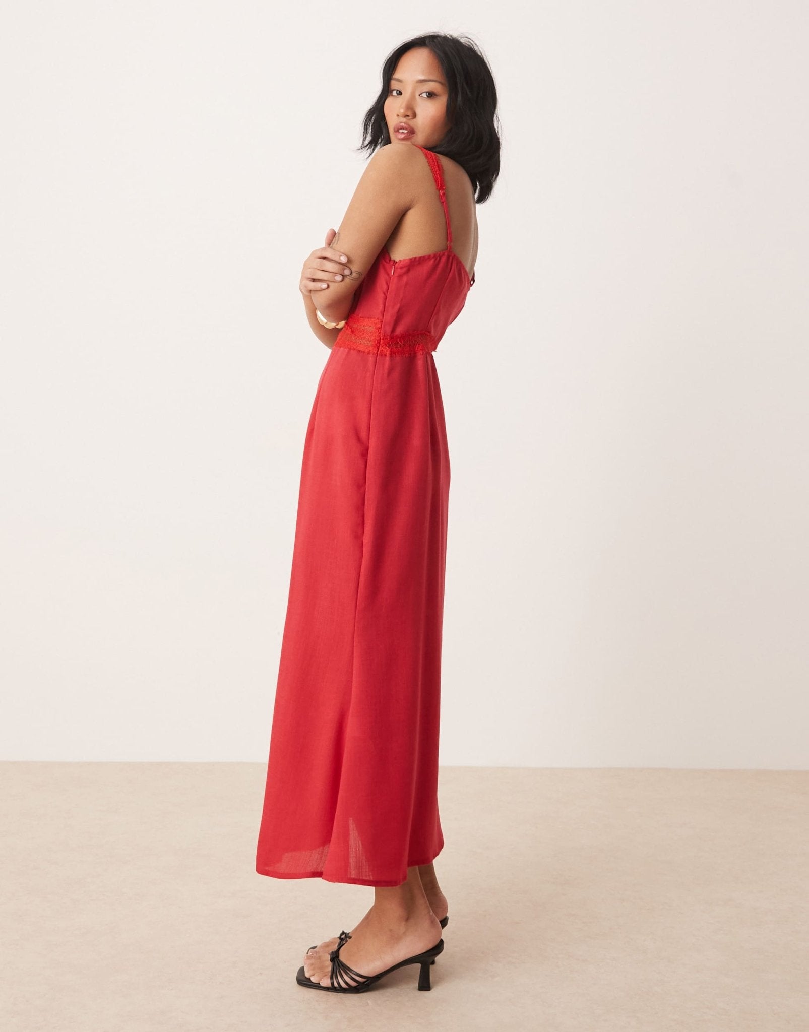 Never Fully Dressed Petite Mimi linen cut - out midaxi dress in red - ASOS Sample Sale