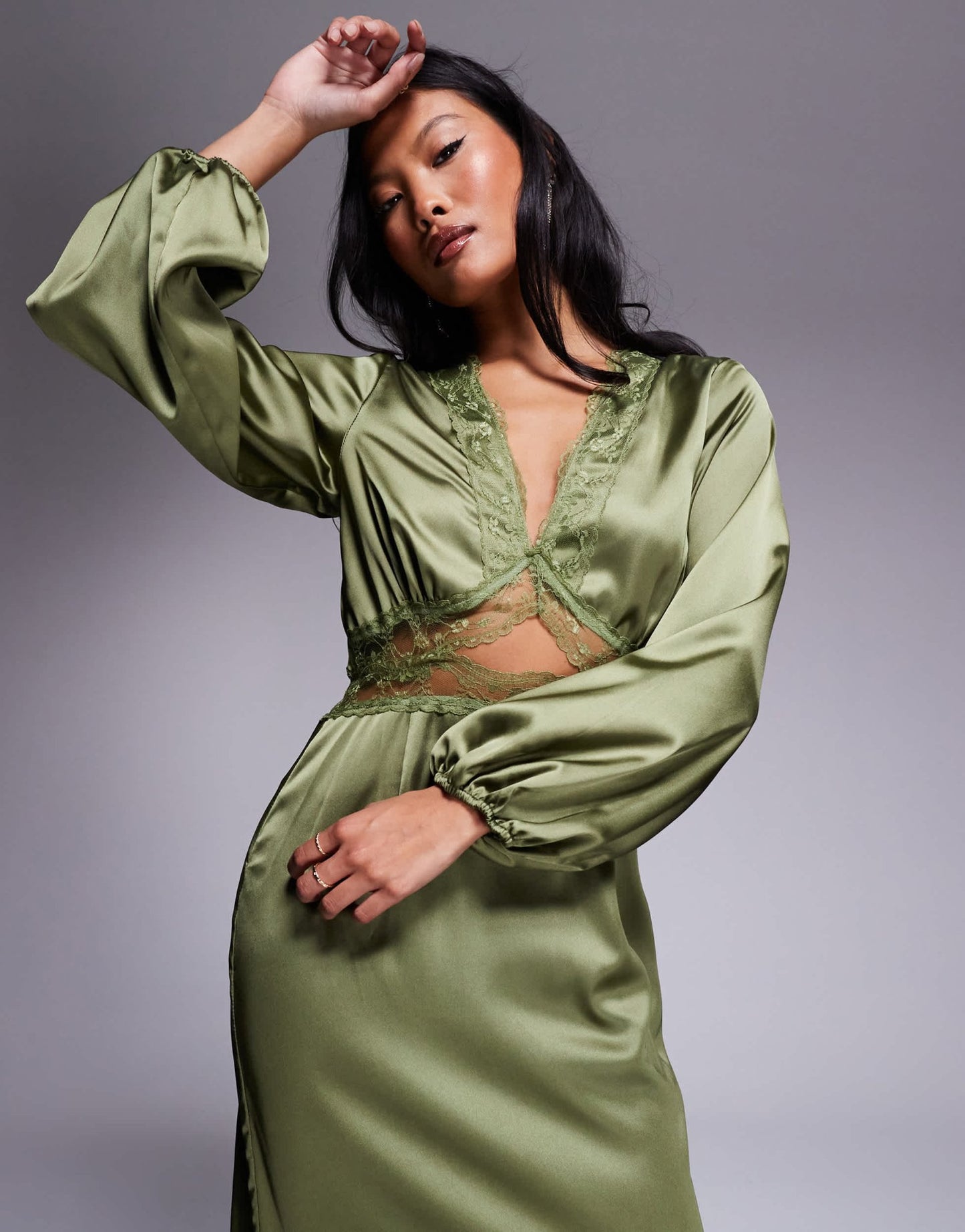 Never Fully Dressed Petite Mimi long sleeve lace cut - out slip maxi dress in olive - ASOS Sample Sale