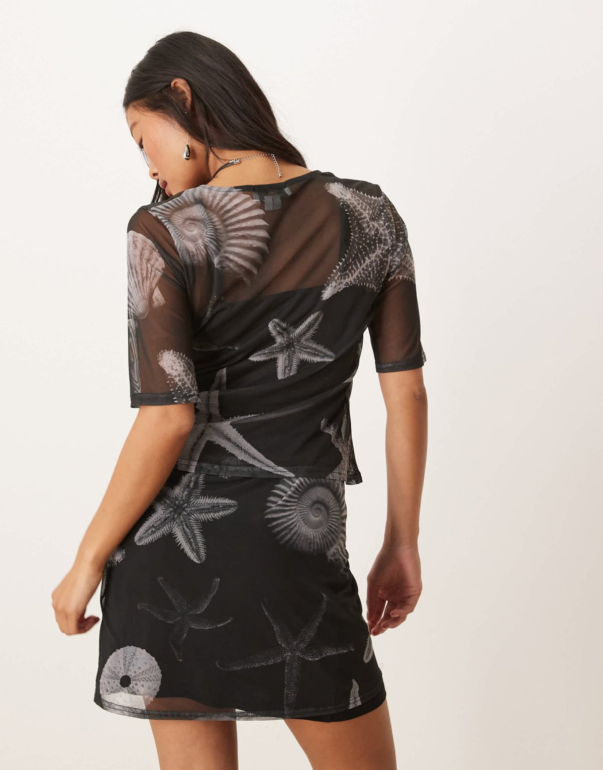 Never Fully Dressed Petite seashell print mesh mini skirt co-ord in black - ASOS Sample Sale