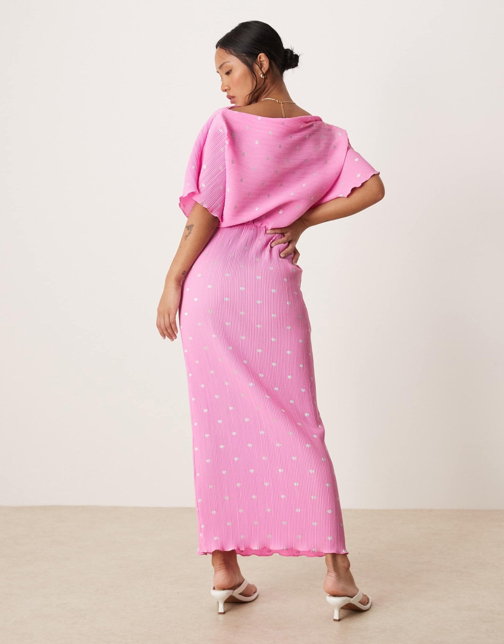 Never Fully Dressed Petite Tilly off shoulder plisse maxi dress in pink - ASOS Sample Sale