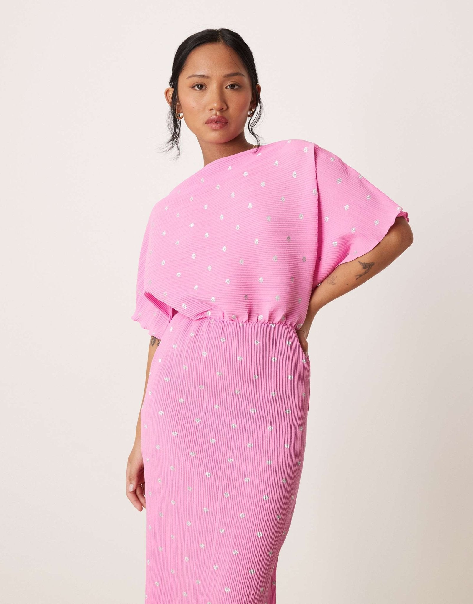 Never Fully Dressed Petite Tilly off shoulder plisse maxi dress in pink - ASOS Sample Sale
