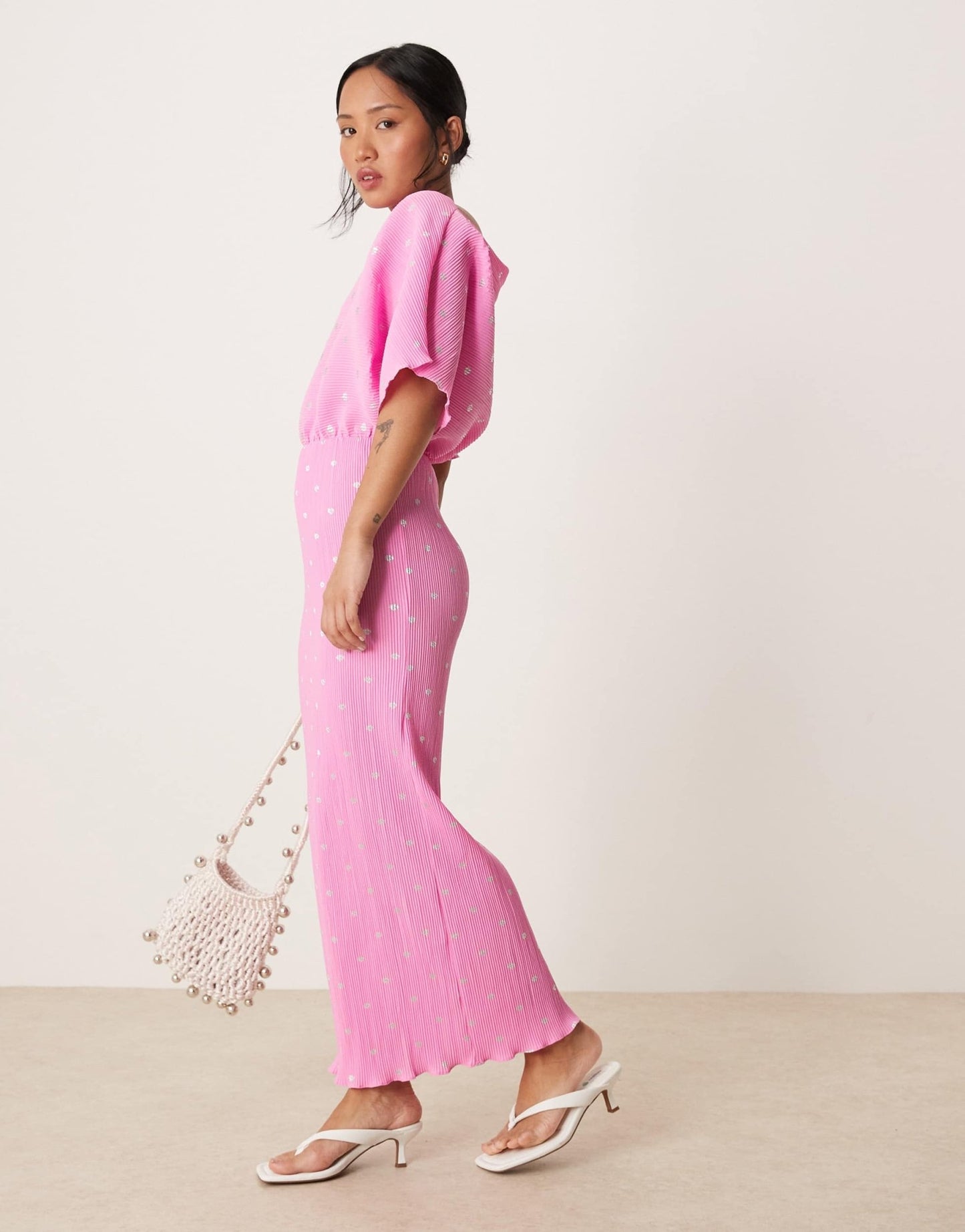 Never Fully Dressed Petite Tilly off shoulder plisse maxi dress in pink - ASOS Sample Sale