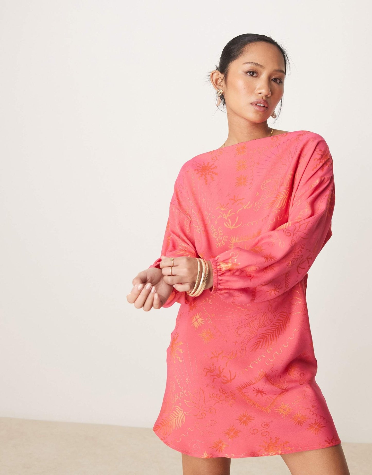 Never Fully Dressed Petite Tilly off shoulder plisse mini dress in red and pink - ASOS Sample Sale