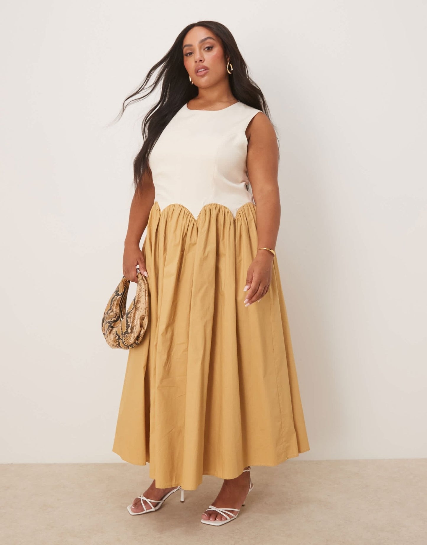 Never Fully Dressed Plus contrast drop hem midaxi dress in camel - ASOS Sample Sale
