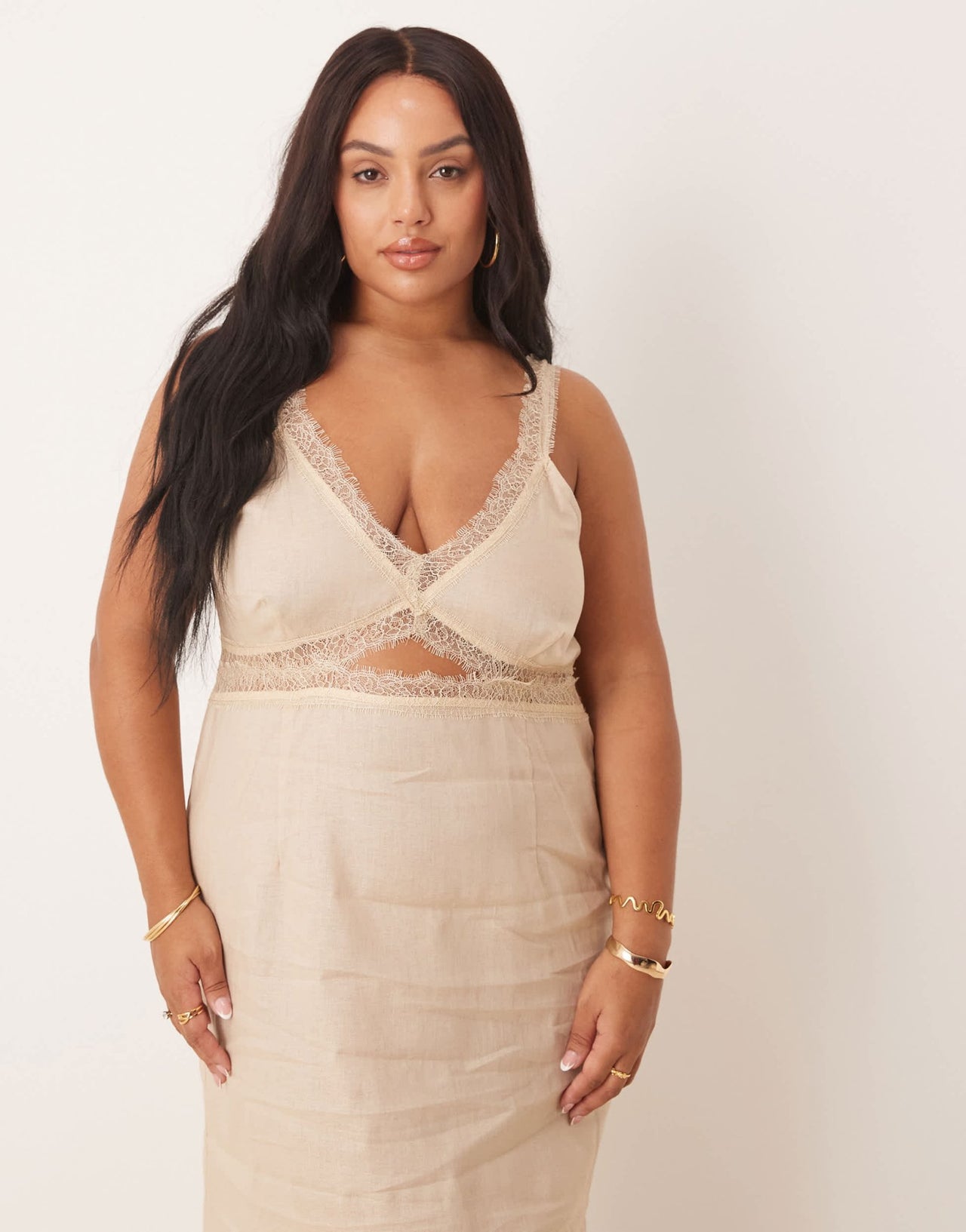 Never Fully Dressed Plus Mimi linen cut - out midaxi dress in oatmeal - ASOS Sample Sale