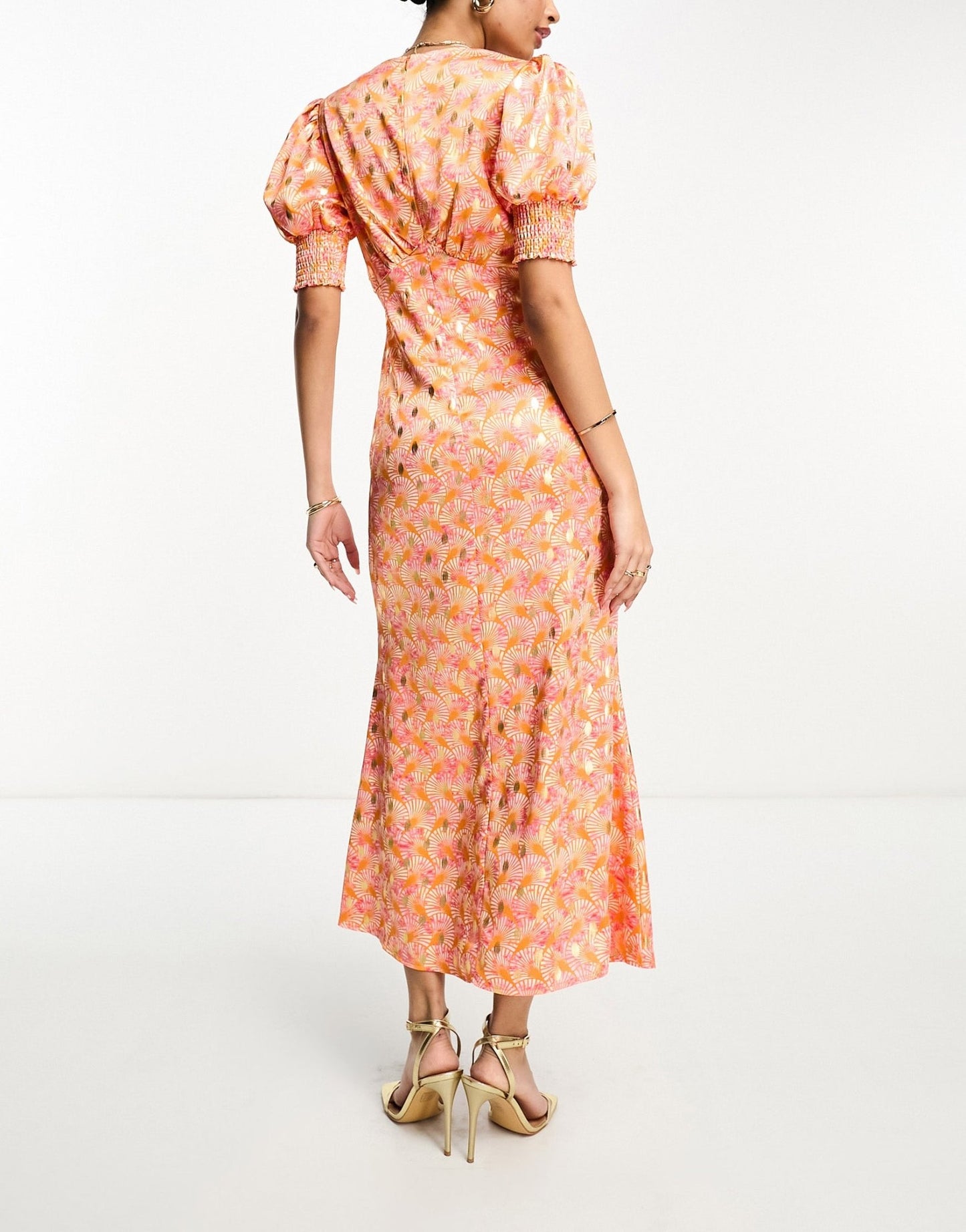 Never Fully Dressed puff sleeve midaxi dress in ombre shell print - ASOS Sample Sale