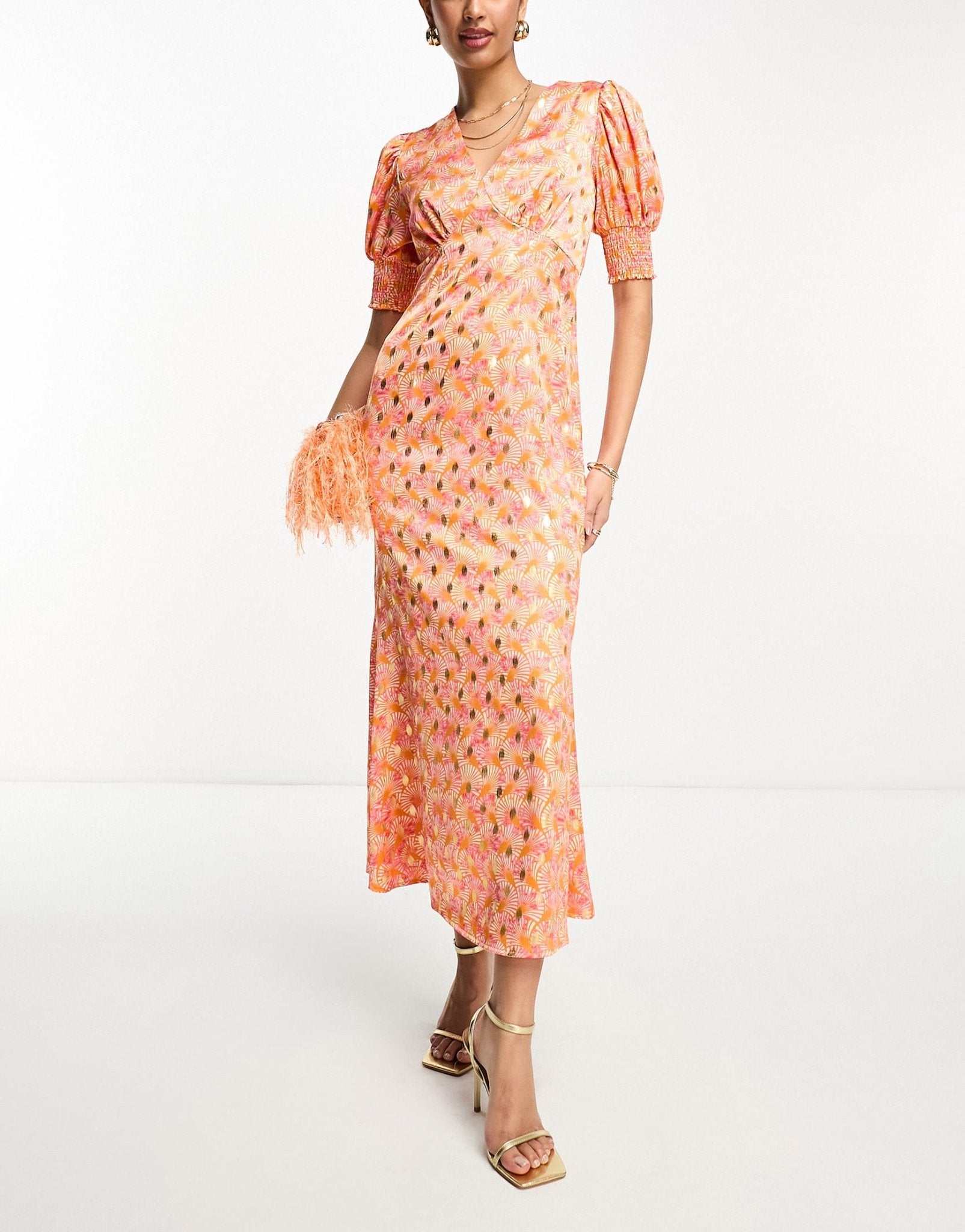 Never Fully Dressed puff sleeve midaxi dress in ombre shell print - ASOS Sample Sale