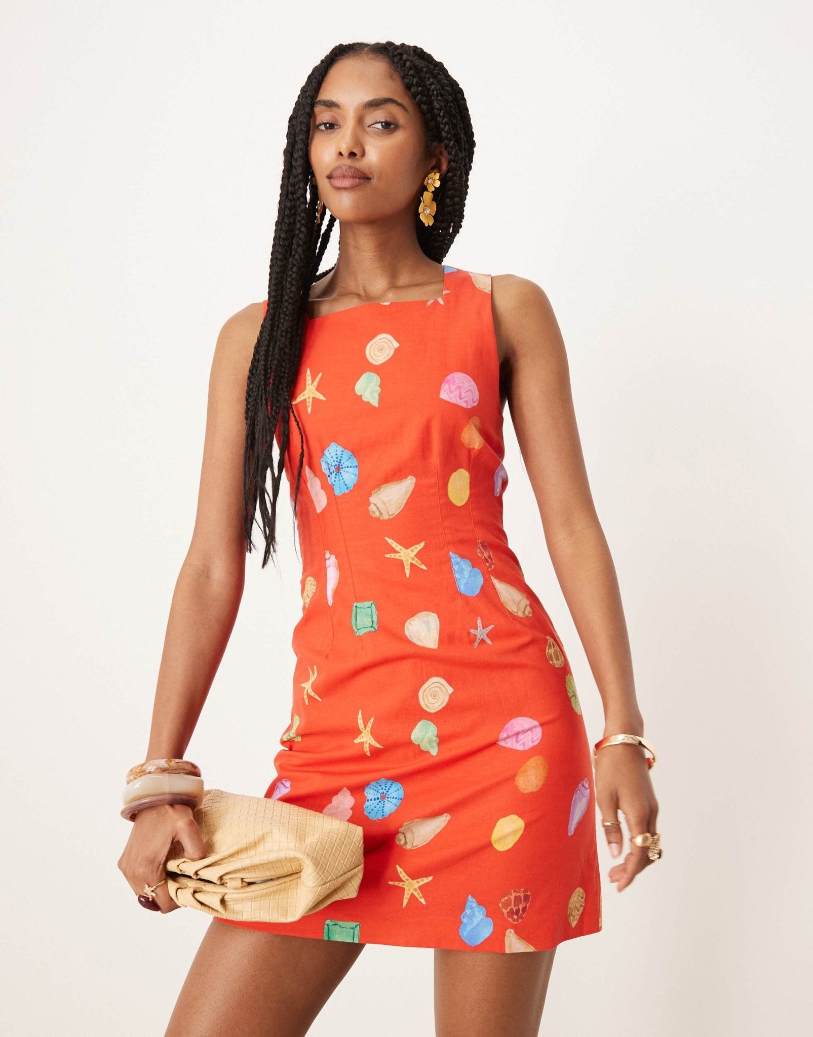 Never Fully Dressed rainbow shell print mini shift dress in red - ASOS Sample Sale