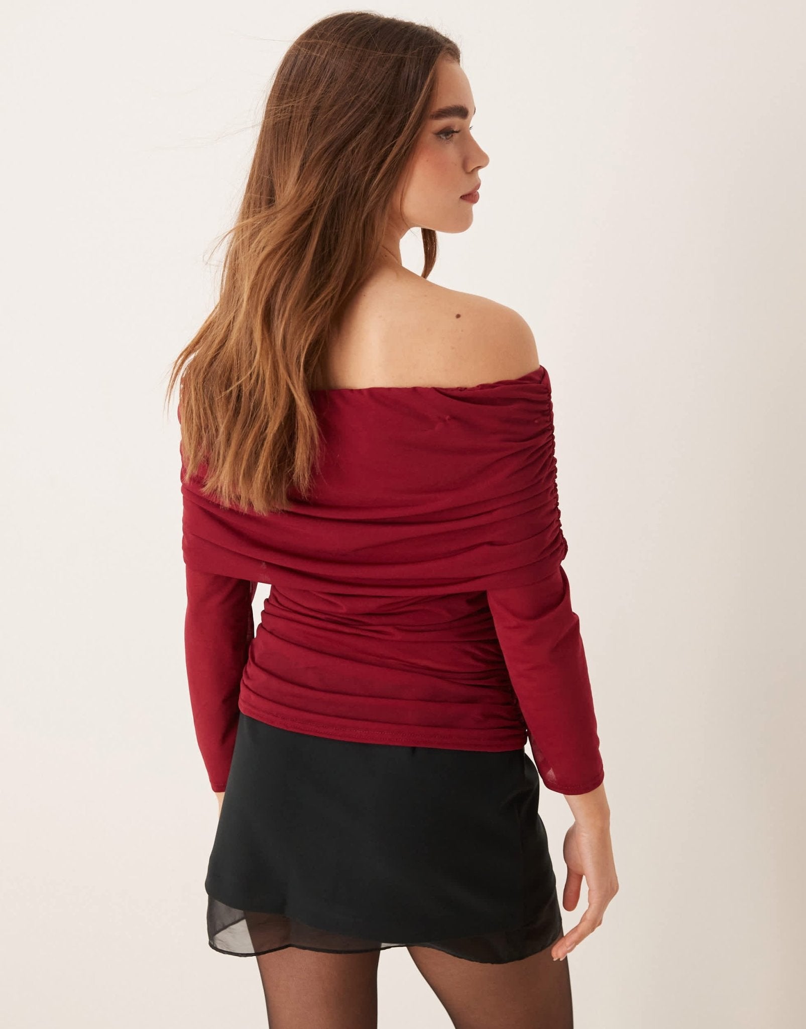 Never Fully Dressed ruched mesh bardot top in burgundy - ASOS Sample Sale