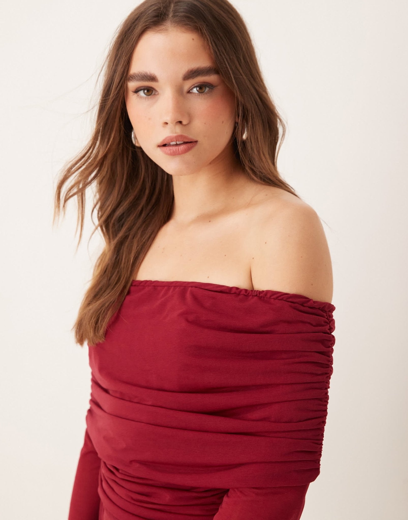 Never Fully Dressed ruched mesh bardot top in burgundy - ASOS Sample Sale