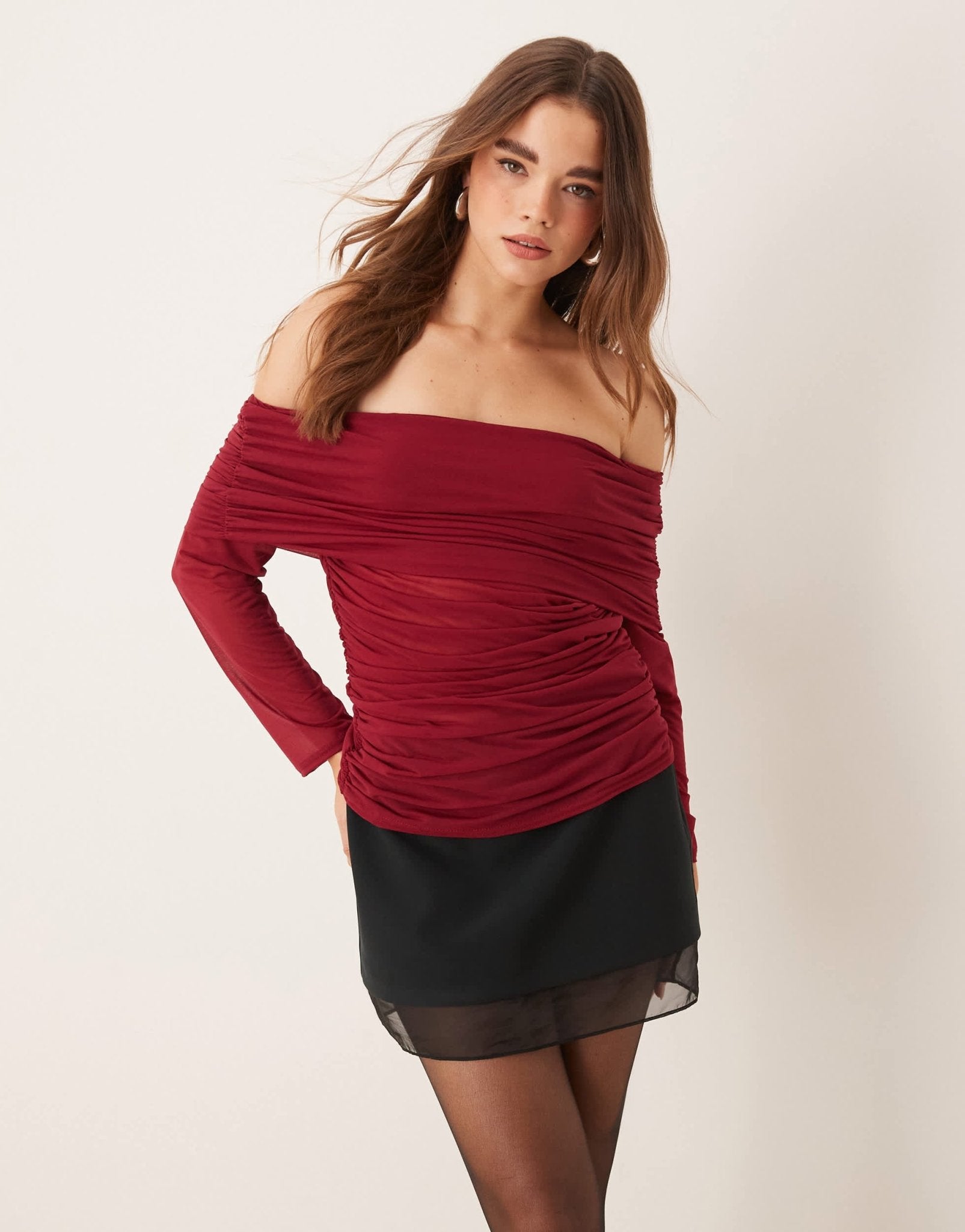 Never Fully Dressed ruched mesh bardot top in burgundy - ASOS Sample Sale