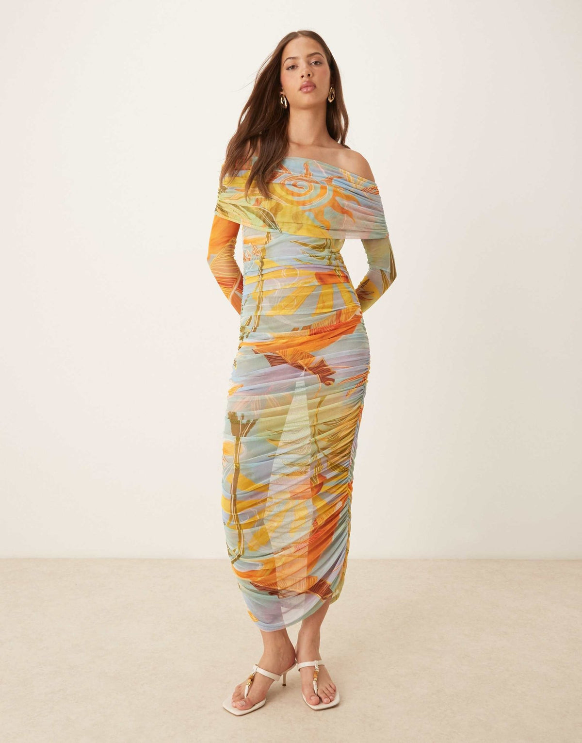 Never Fully Dressed ruched mesh midaxi dress in mixed print - ASOS Sample Sale
