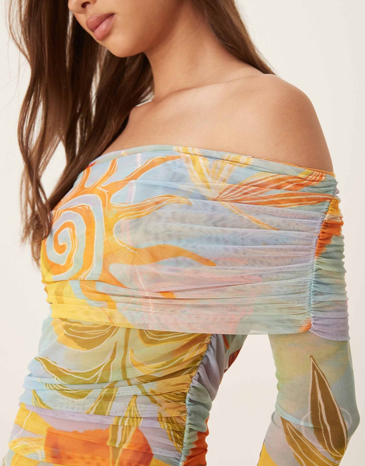 Never Fully Dressed ruched mesh midaxi dress in mixed print - ASOS Sample Sale